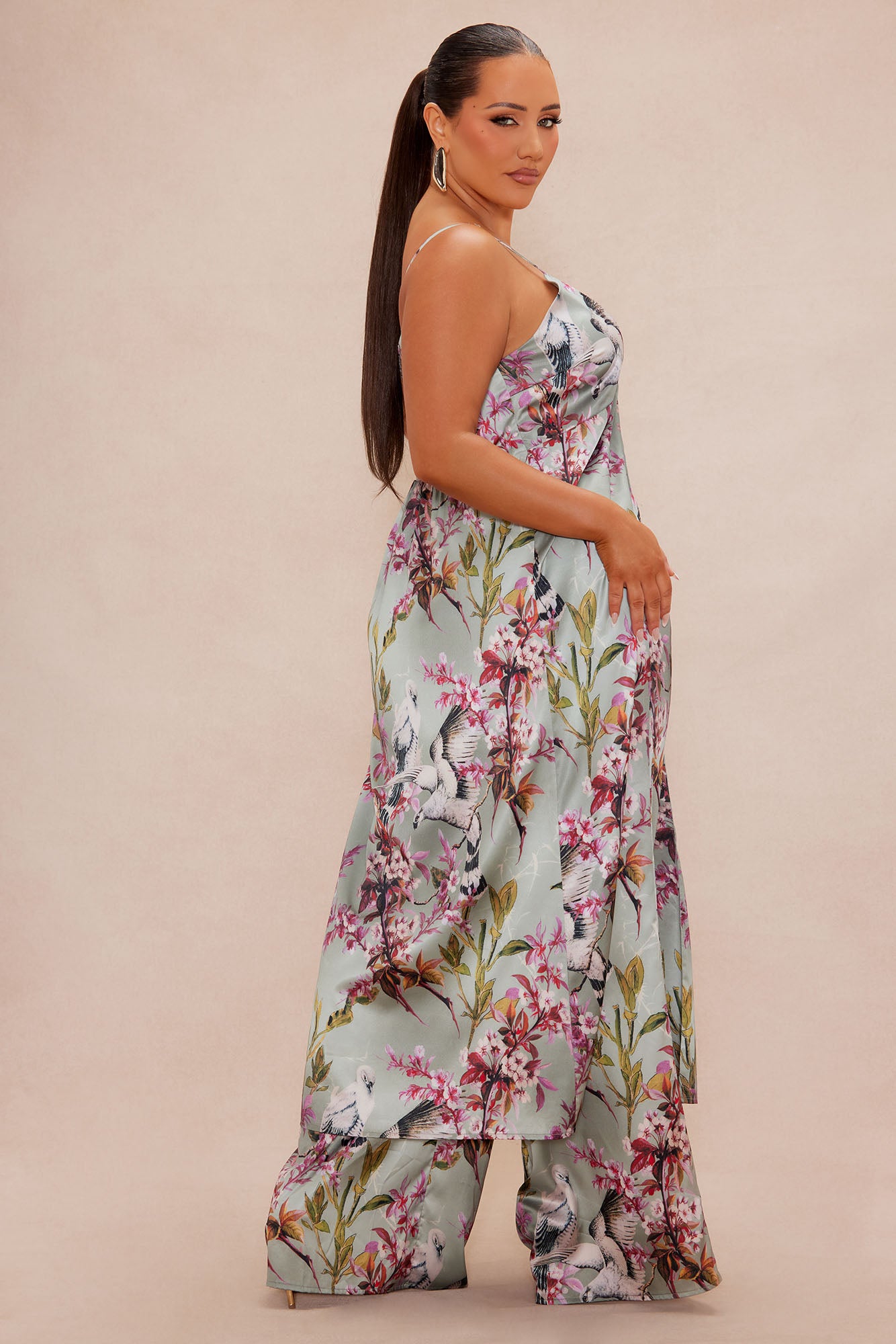 Guiselle Flyaway Satin Pant Set - Sage/combo - Image 8