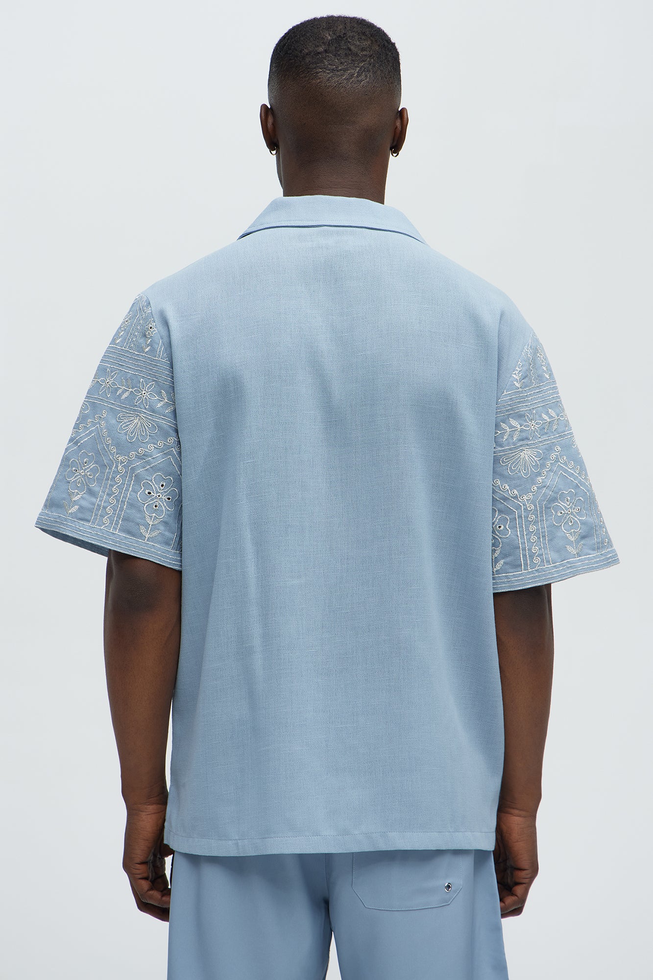 Embroidered Floral Cuban Collar Button Up Shirt - Blue/combo - Image 3