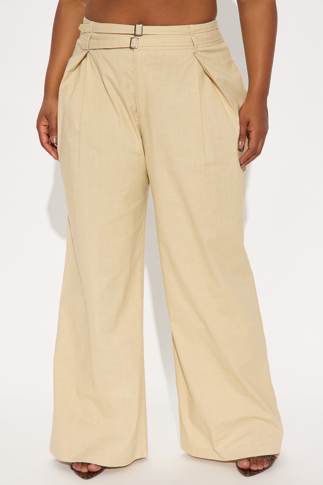 Peyton Wide Leg Double Belted Linen Pant - Khaki - Image 5