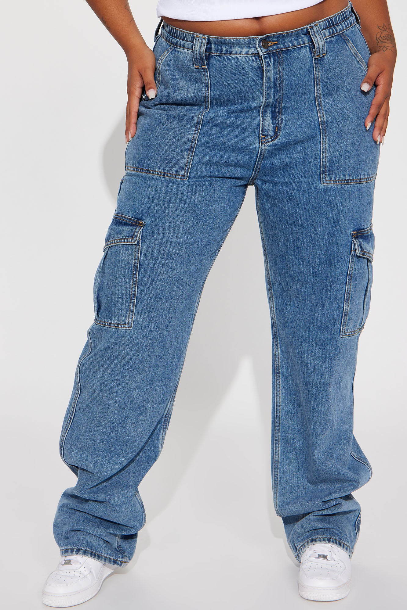 Tall Don't You Worry Wide Leg Cargo Jeans - Medium Blue Wash - Image 6