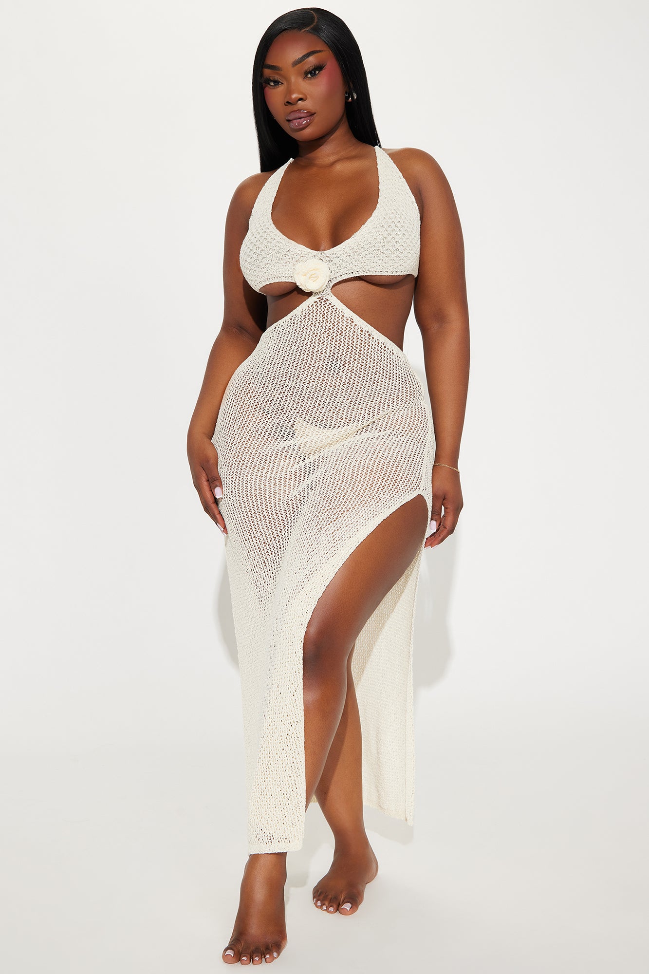 Summer Chic Rosettes Crochet Cover Up Maxi Dress - Ivory - Image 8