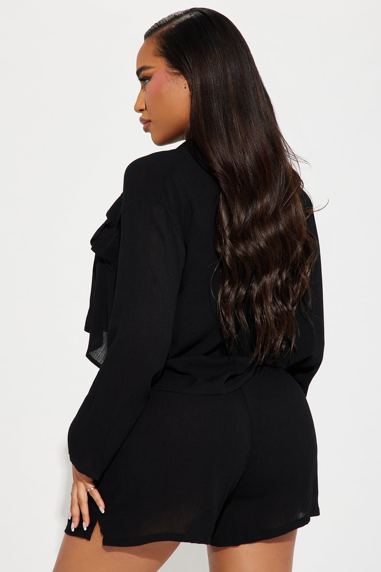 Breezy Paradise Linen Pocket Cover Up Shorts Set - Black - Image 4