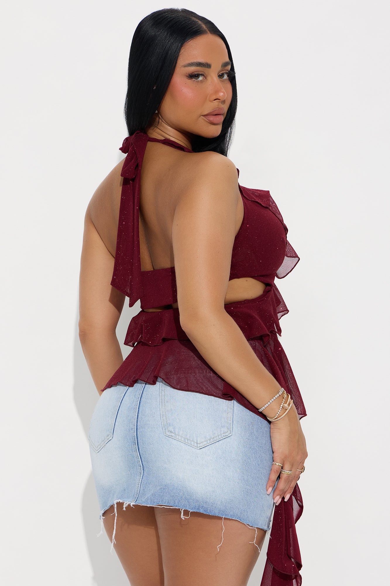 Carlita Glitter Mesh Halter Top - Burgundy - Image 3