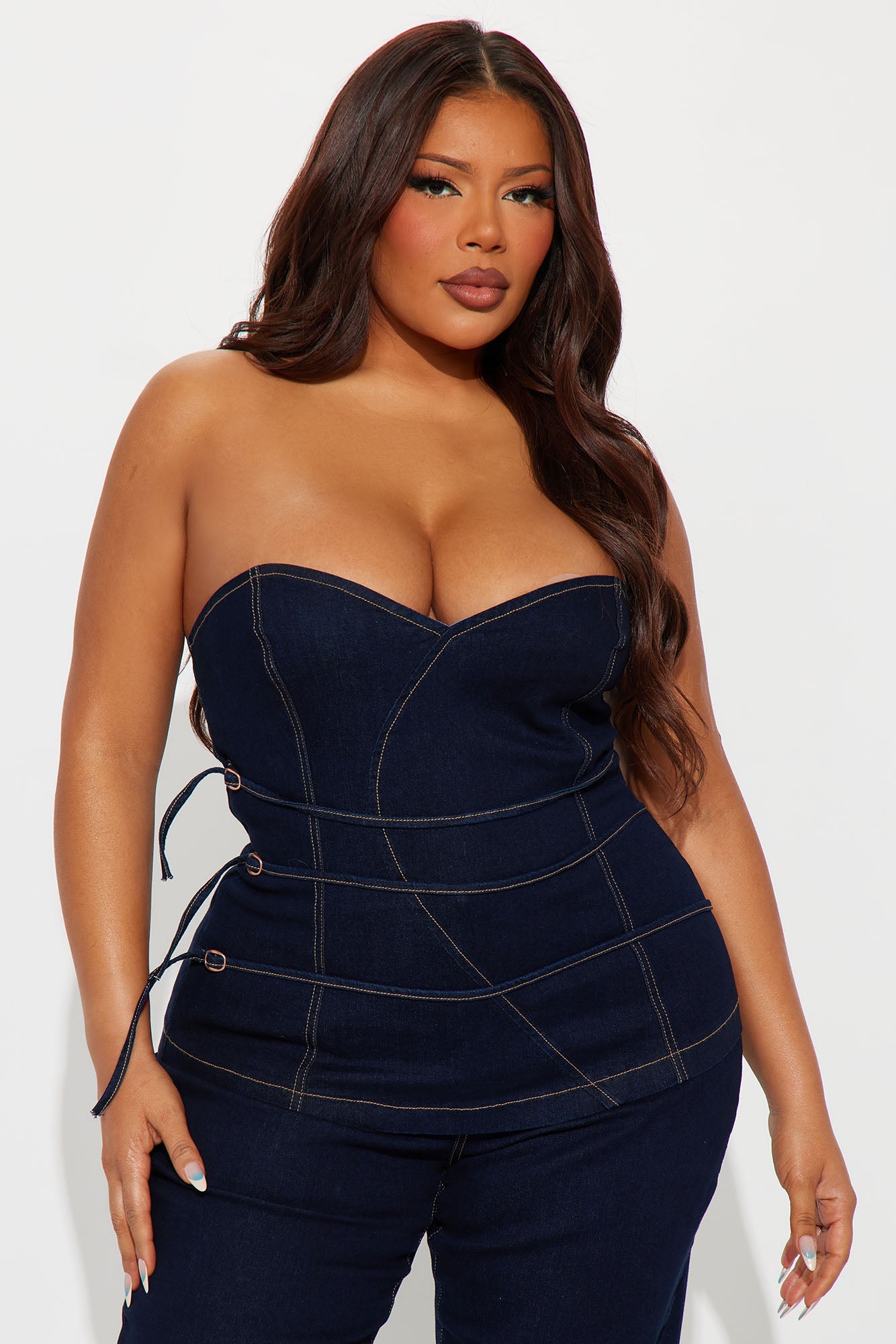 Belt It Down Strapless Denim Pant Set - Dark Wash - Image 5