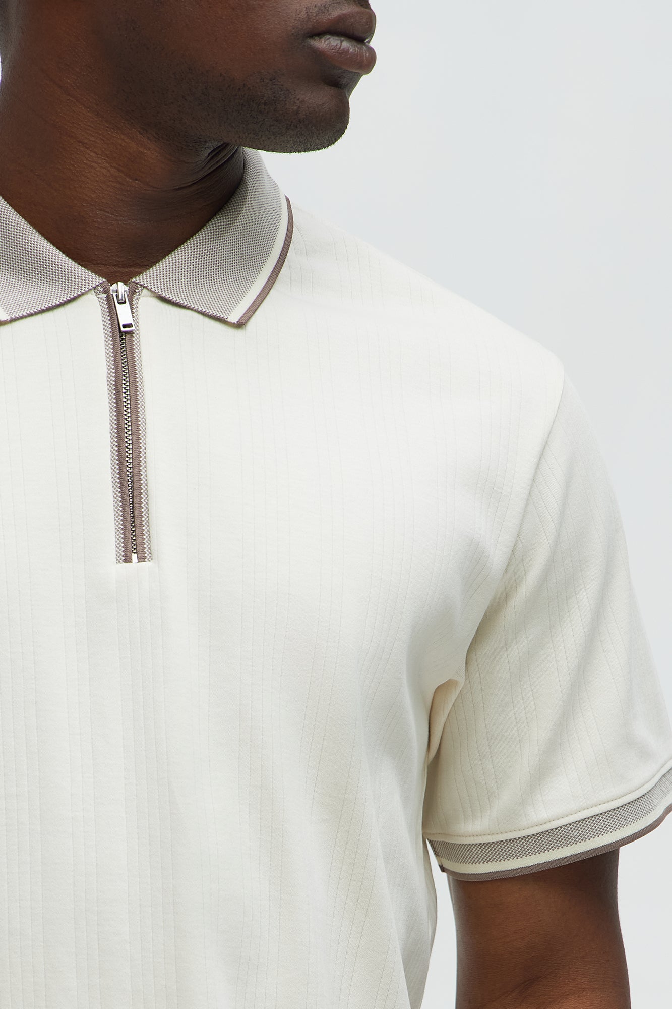 Two Tone Striped Zip Collar Polo - Cream - Image 3