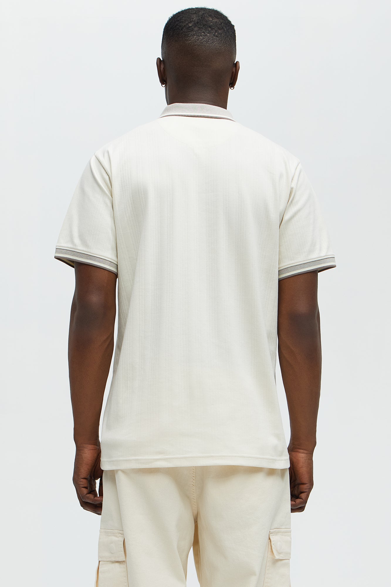 Two Tone Striped Zip Collar Polo - Cream - Image 4