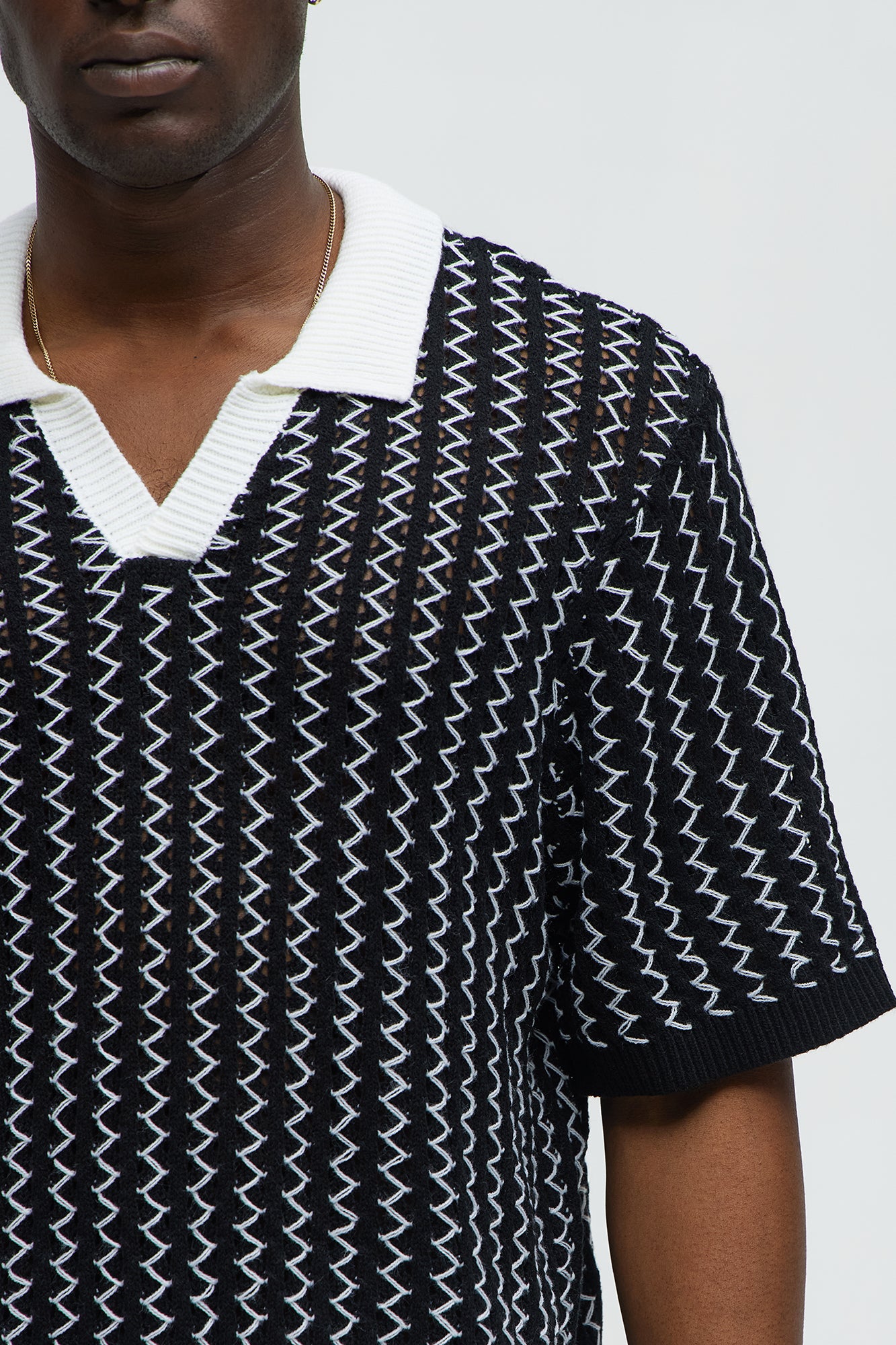 Camden Zig Zag Crochet Johnny Collar Polo - Black/combo - Image 3