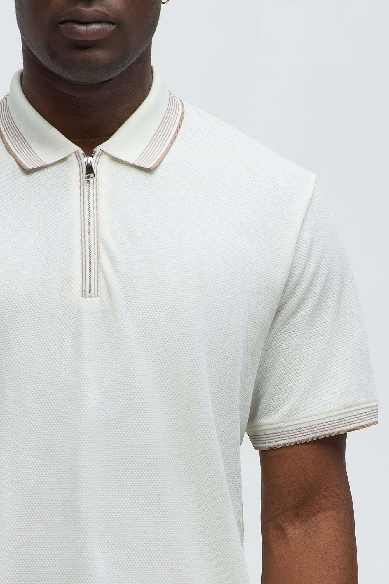 Striped Zip Collar Textured Polo - Off White - Image 3