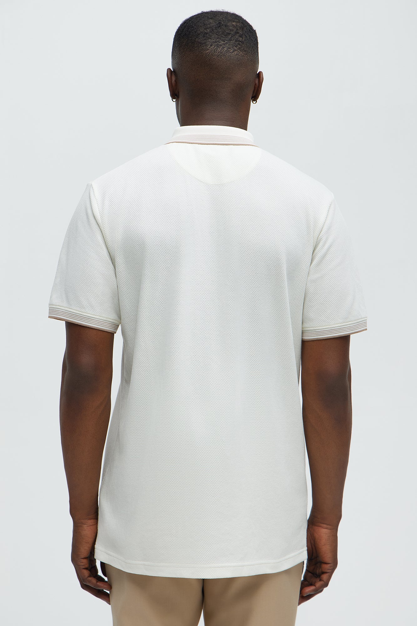 Striped Zip Collar Textured Polo - Off White - Image 4