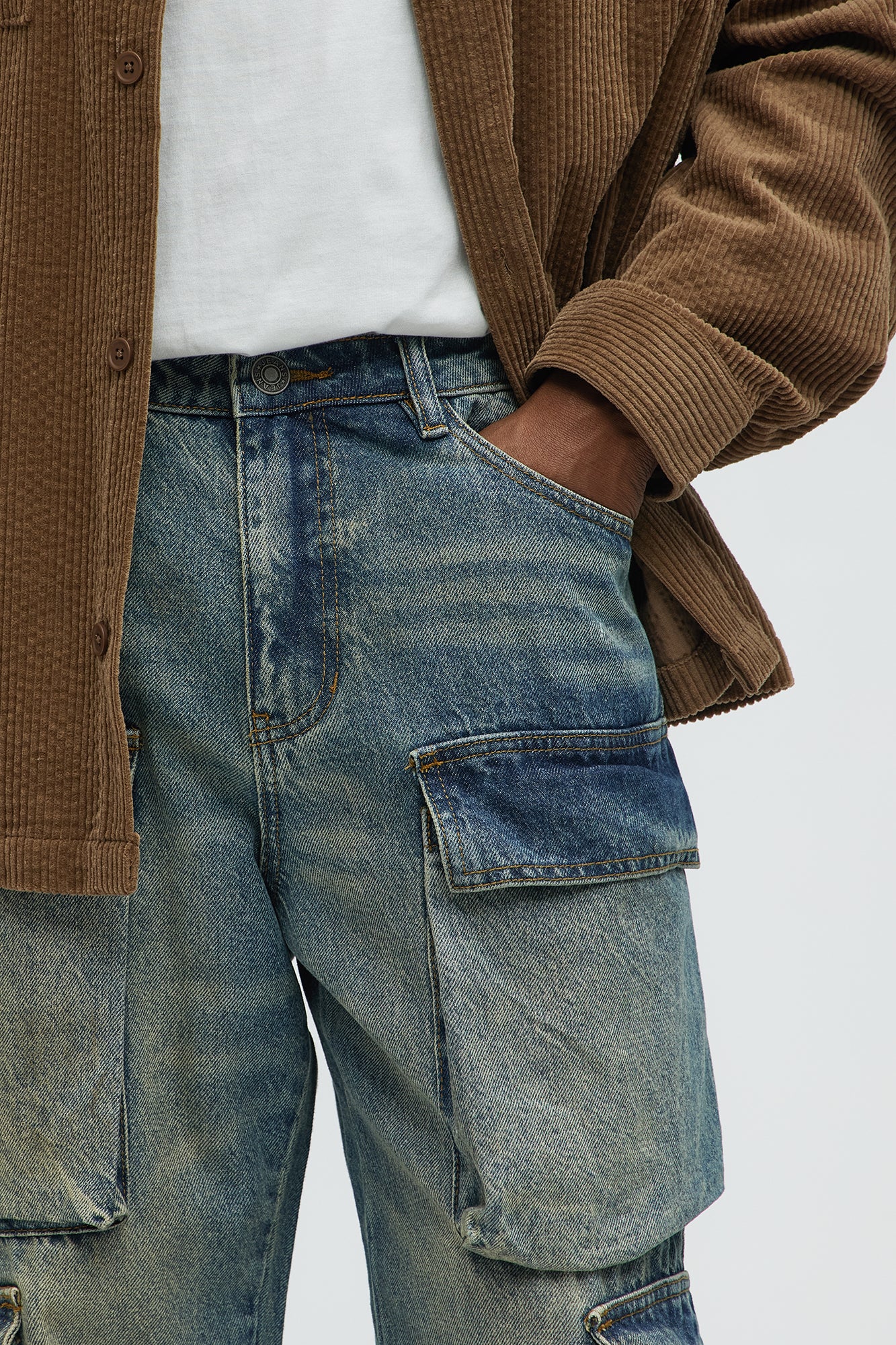 Double Trouble Paint Splatter Straight Cargo Jeans - Vintage Blue Wash - Image 3