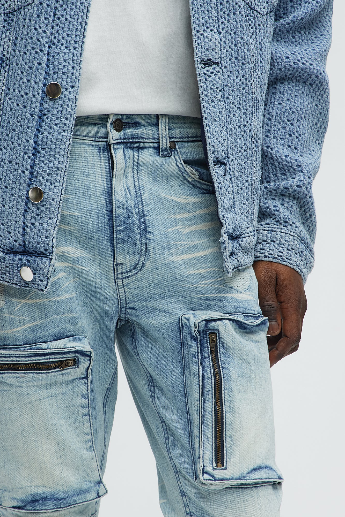 No Less Distressed Skinny Cargo Jeans - Light Blue Wash - Image 3