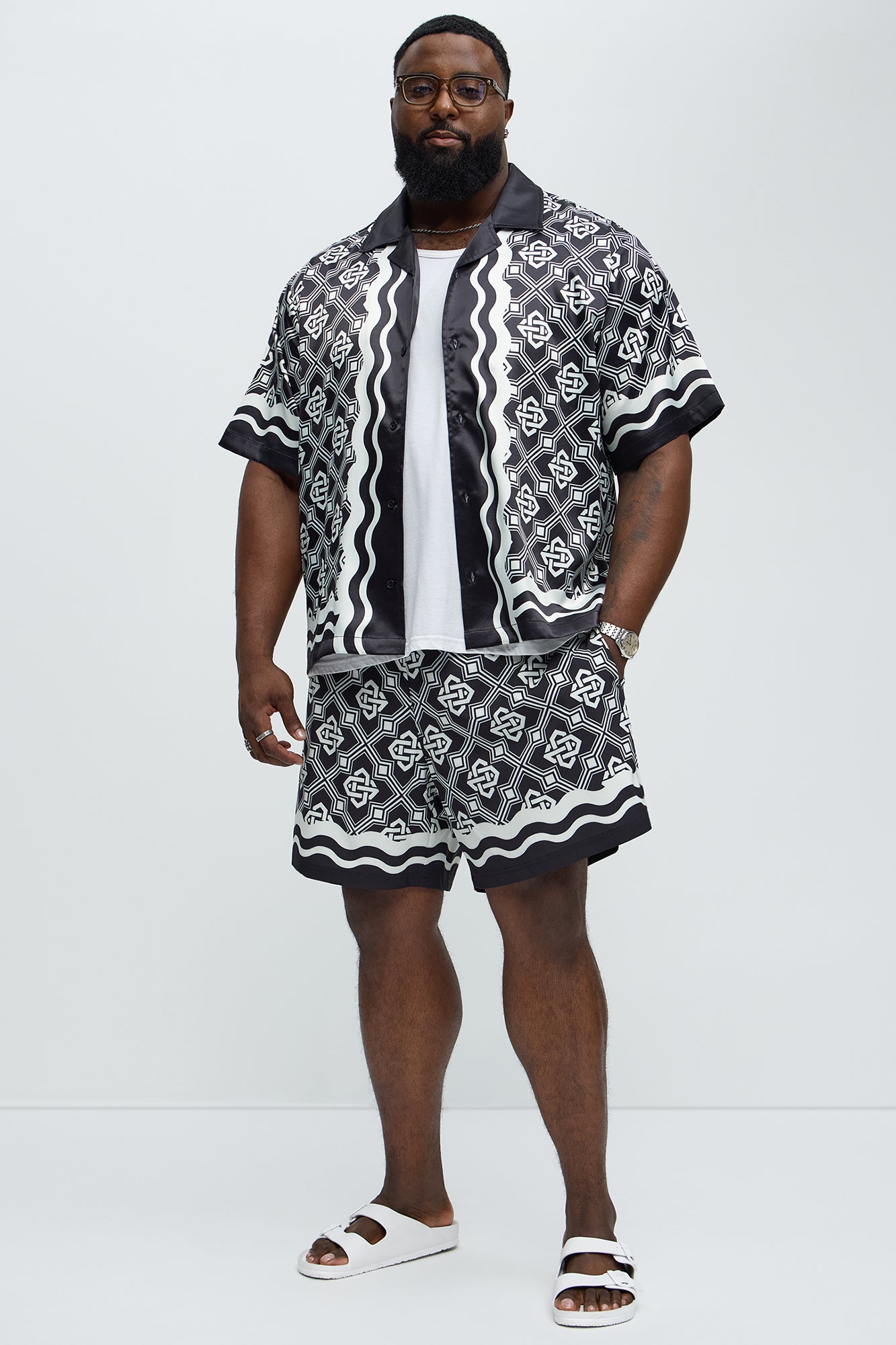 Geometric Wavy Border Cuban Collar Button Up Shirt - Black/combo - Image 6