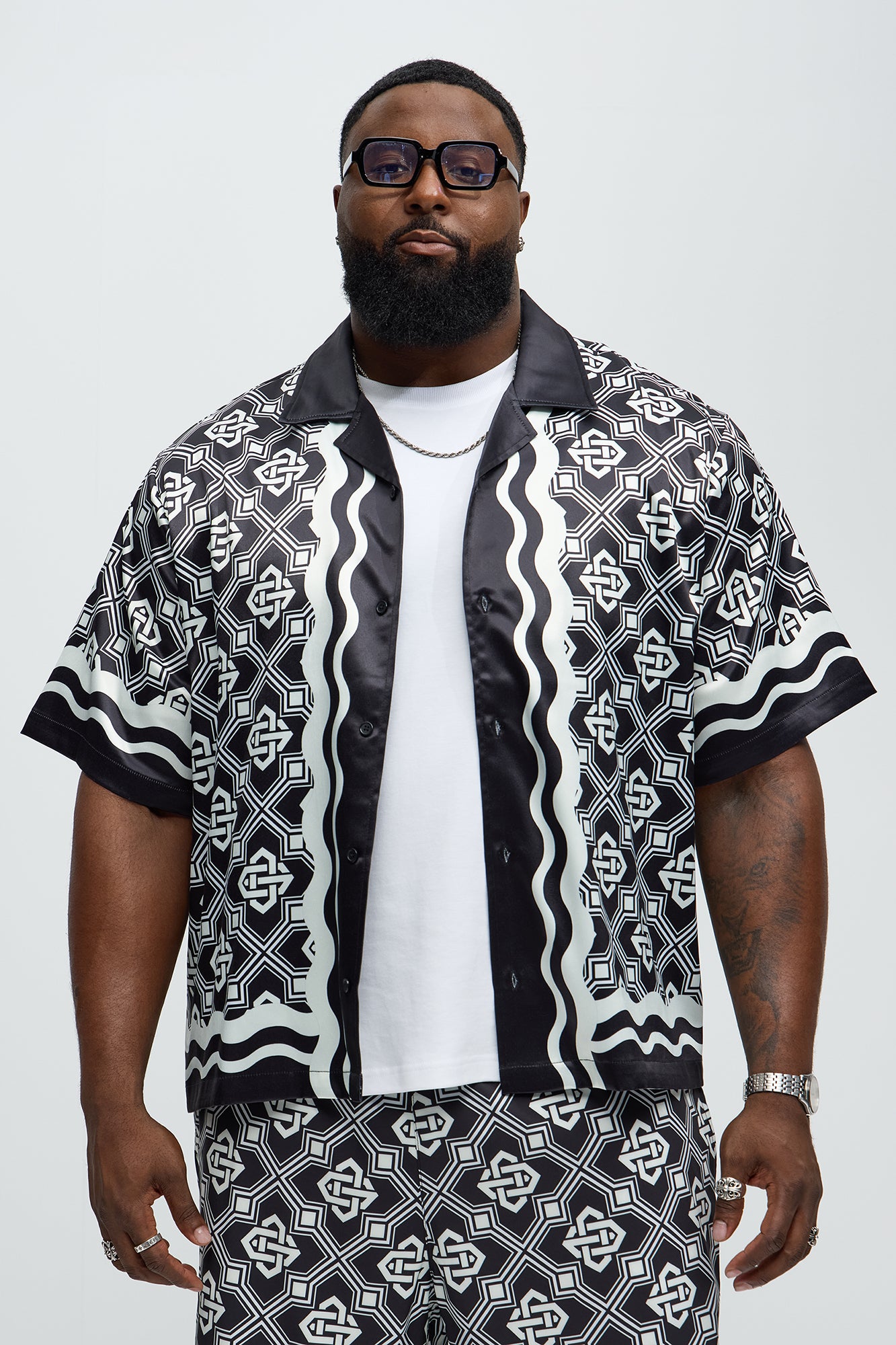 Geometric Wavy Border Cuban Collar Button Up Shirt - Black/combo - Image 5