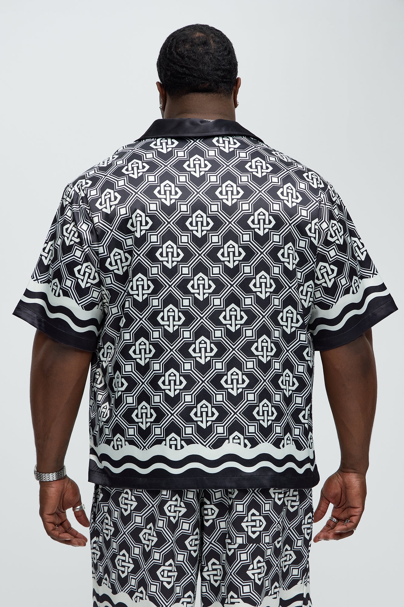 Geometric Wavy Border Cuban Collar Button Up Shirt - Black/combo - Image 7