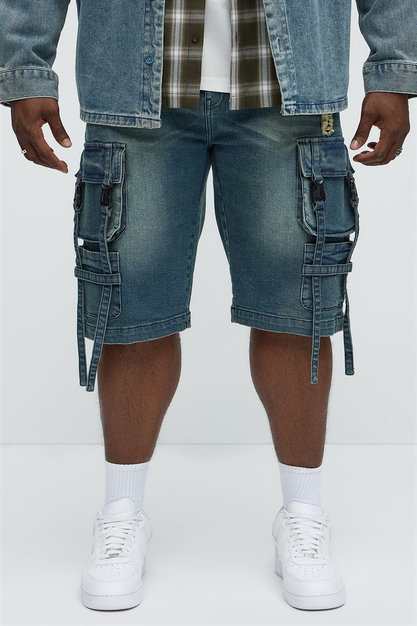 Buckle Strapped Relaxed Denim Shorts - Medium Blue Wash - Image 5