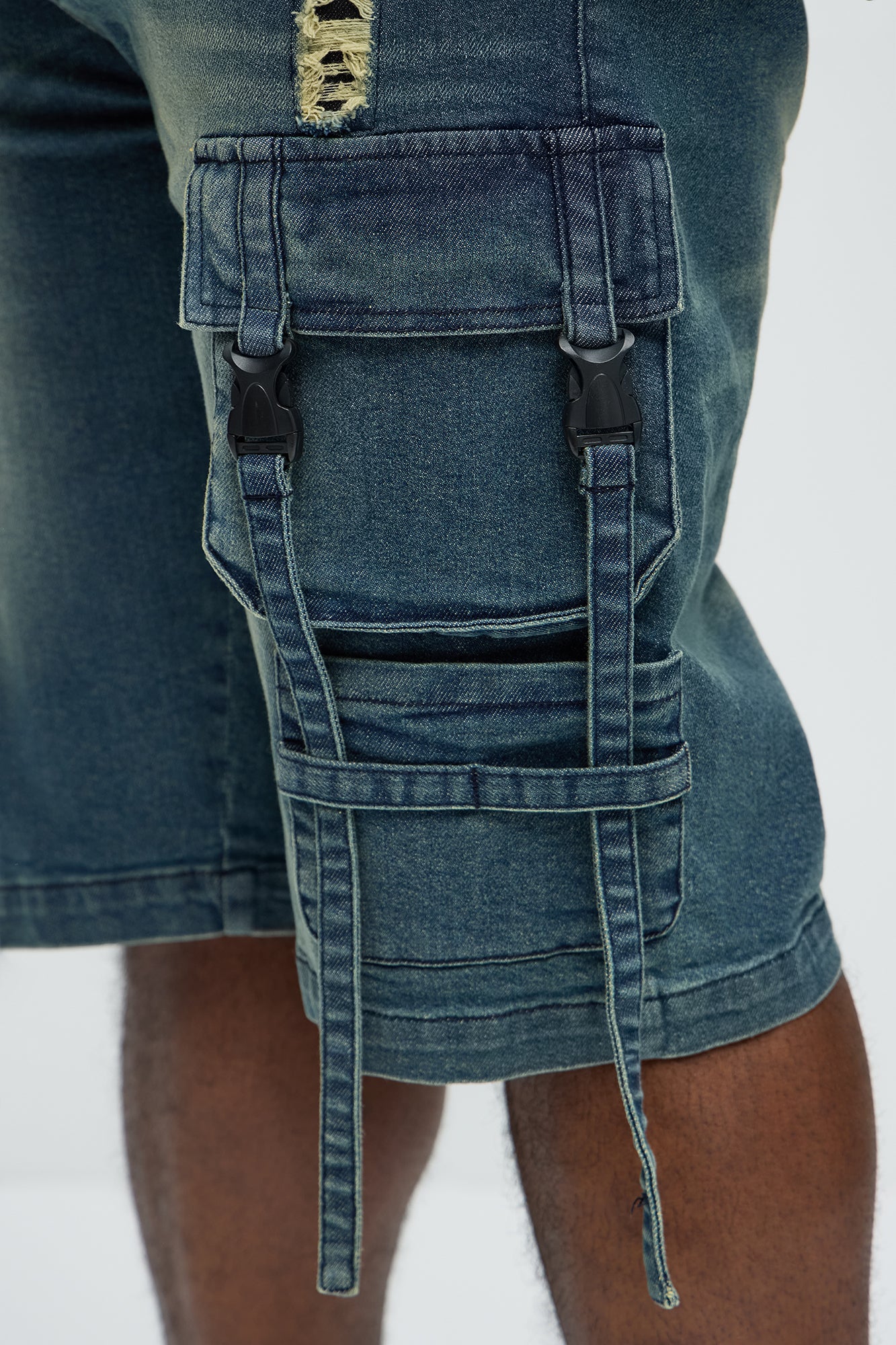 Buckle Strapped Relaxed Denim Shorts - Medium Blue Wash - Image 8