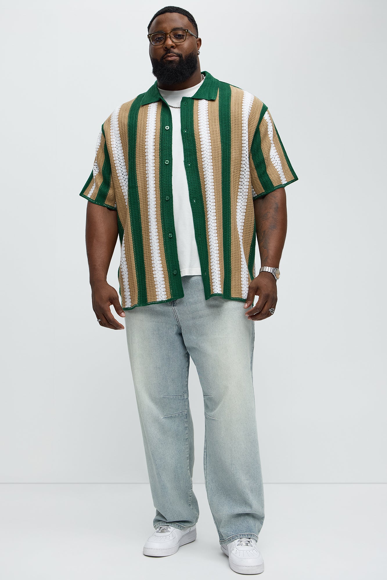 Brock Striped Crochet Collar Button Down Shirt - Green/combo - Image 6