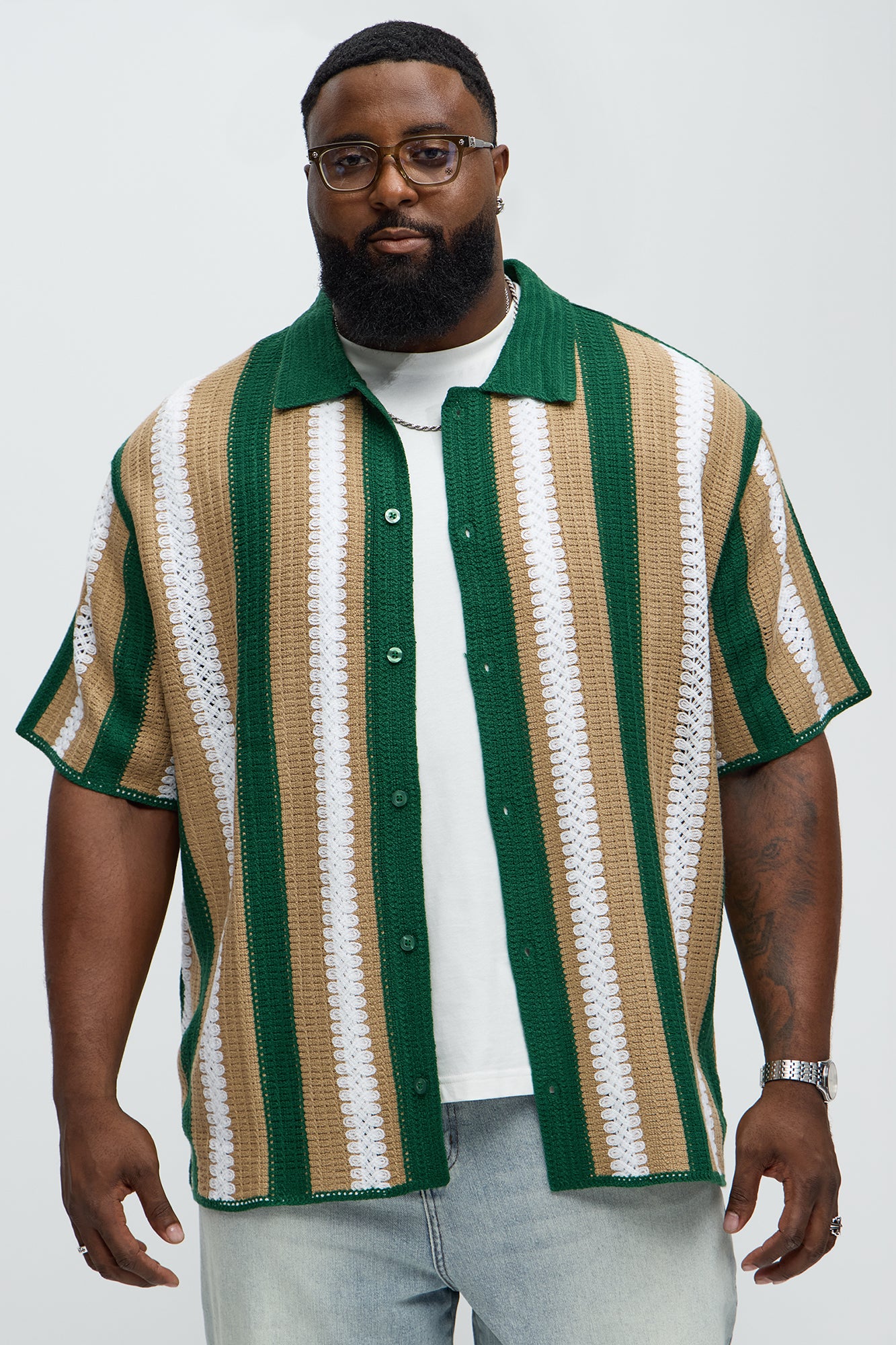 Brock Striped Crochet Collar Button Down Shirt - Green/combo - Image 5