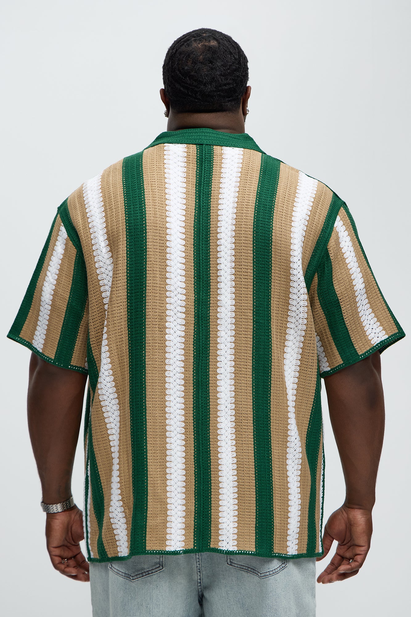 Brock Striped Crochet Collar Button Down Shirt - Green/combo - Image 7