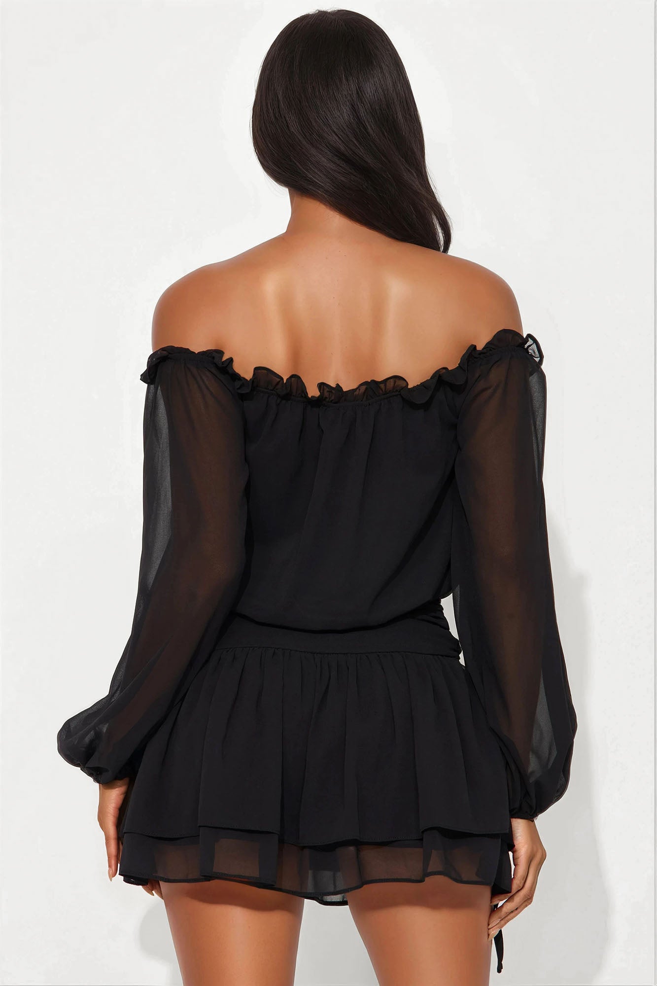 Rylie Puff Sleeve Chiffon Mini Dress - Black - Image 3