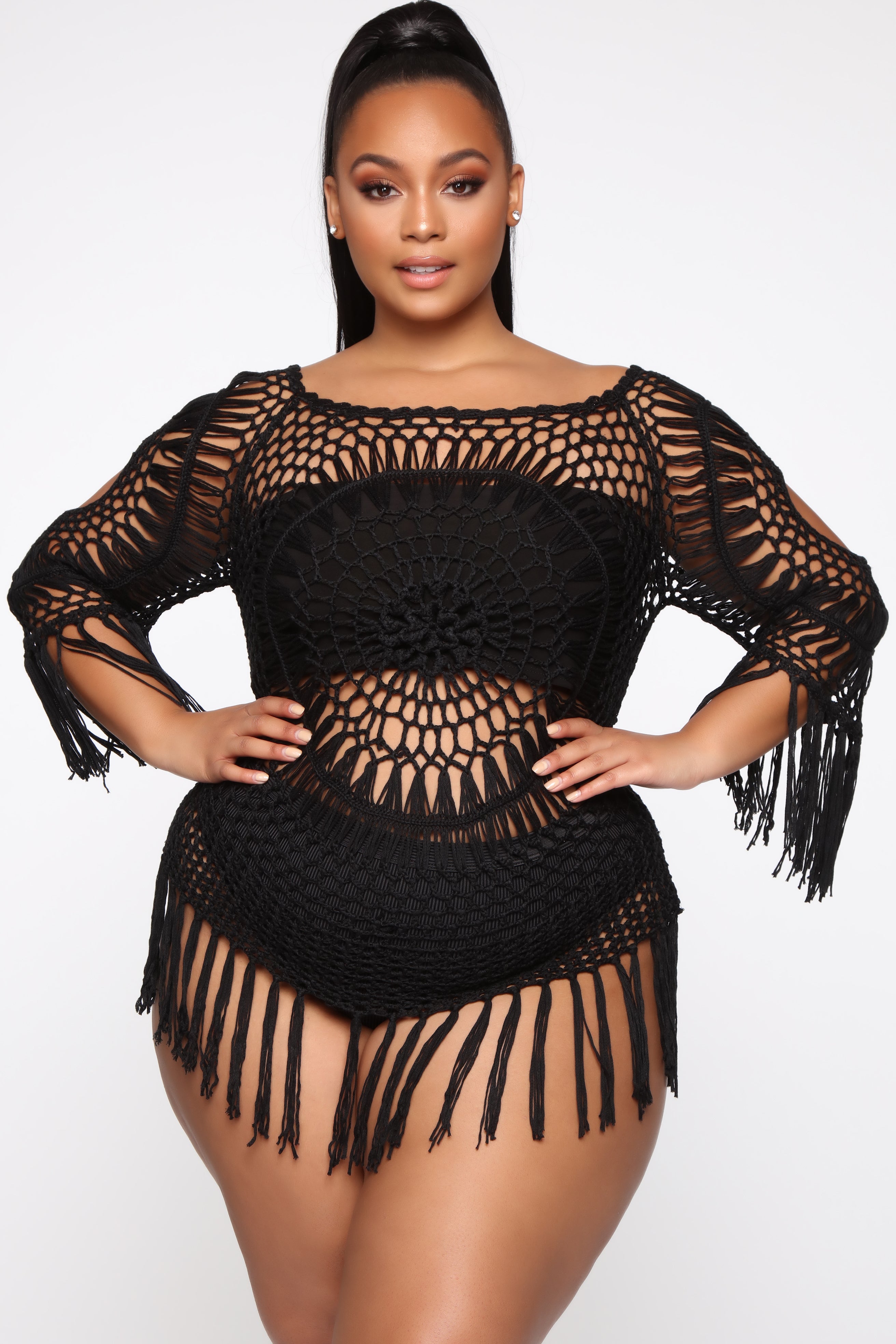 Vibes Crochet Long Sleeved Coverup - Black - Image 4
