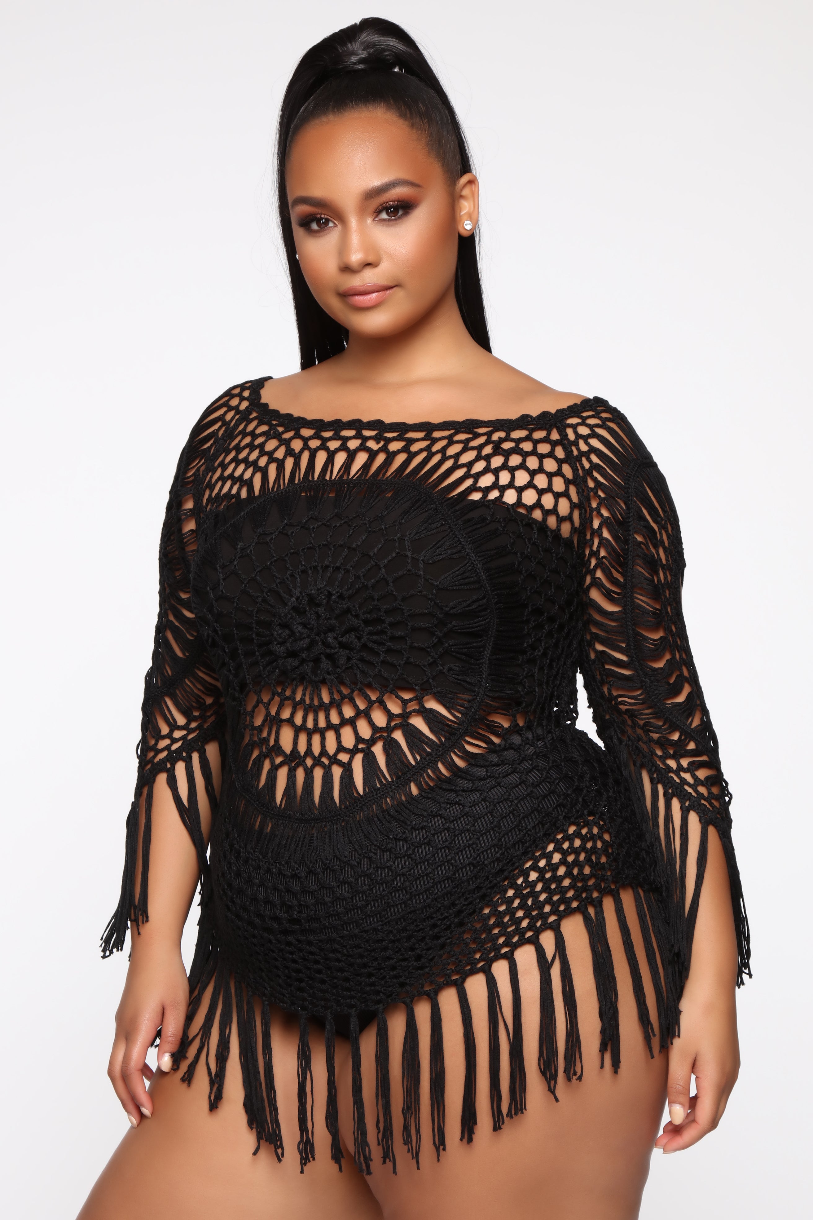 Vibes Crochet Long Sleeved Coverup - Black - Image 5