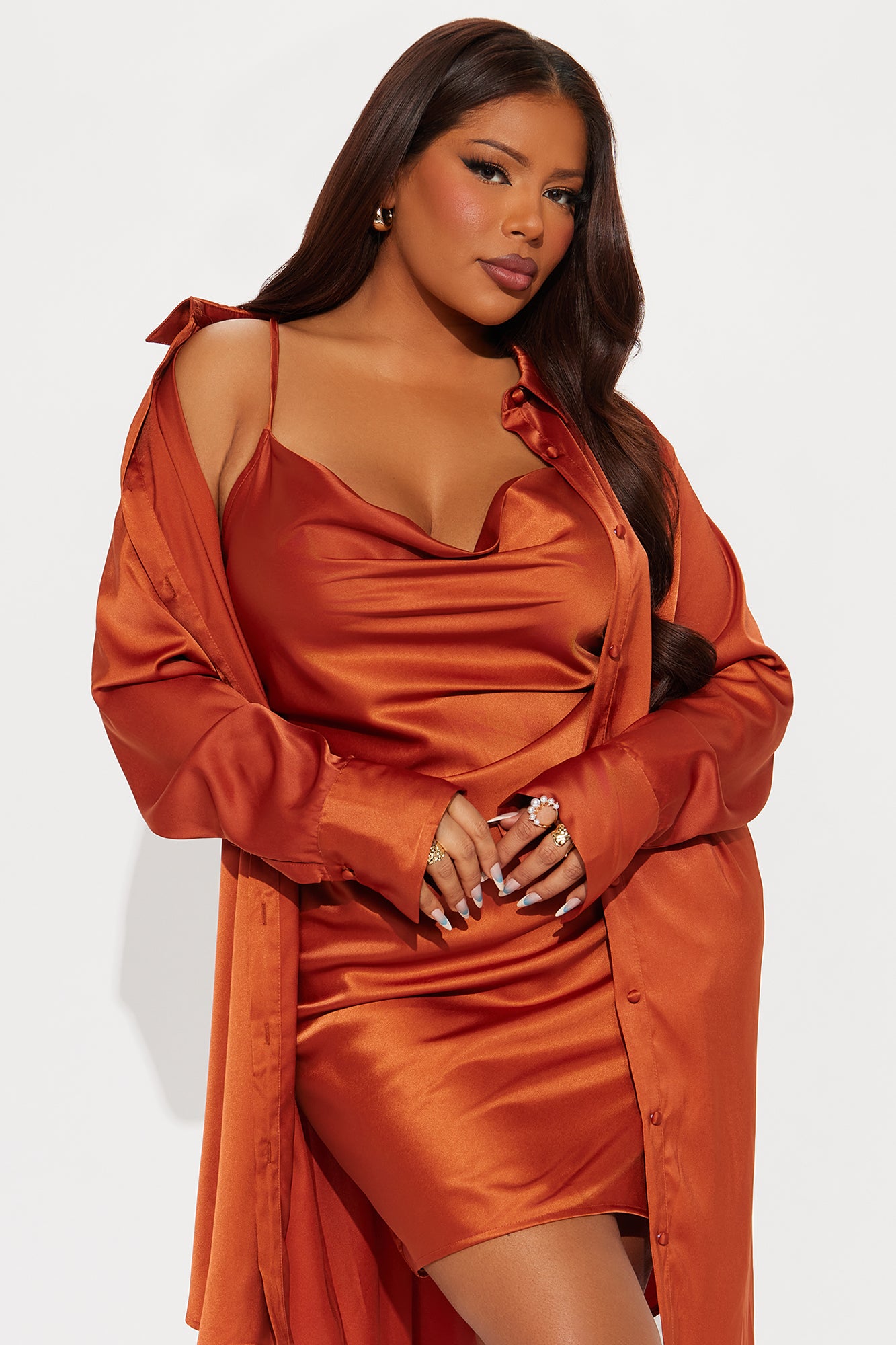 Adria Satin Mini Dress Set - Cognac - Image 6