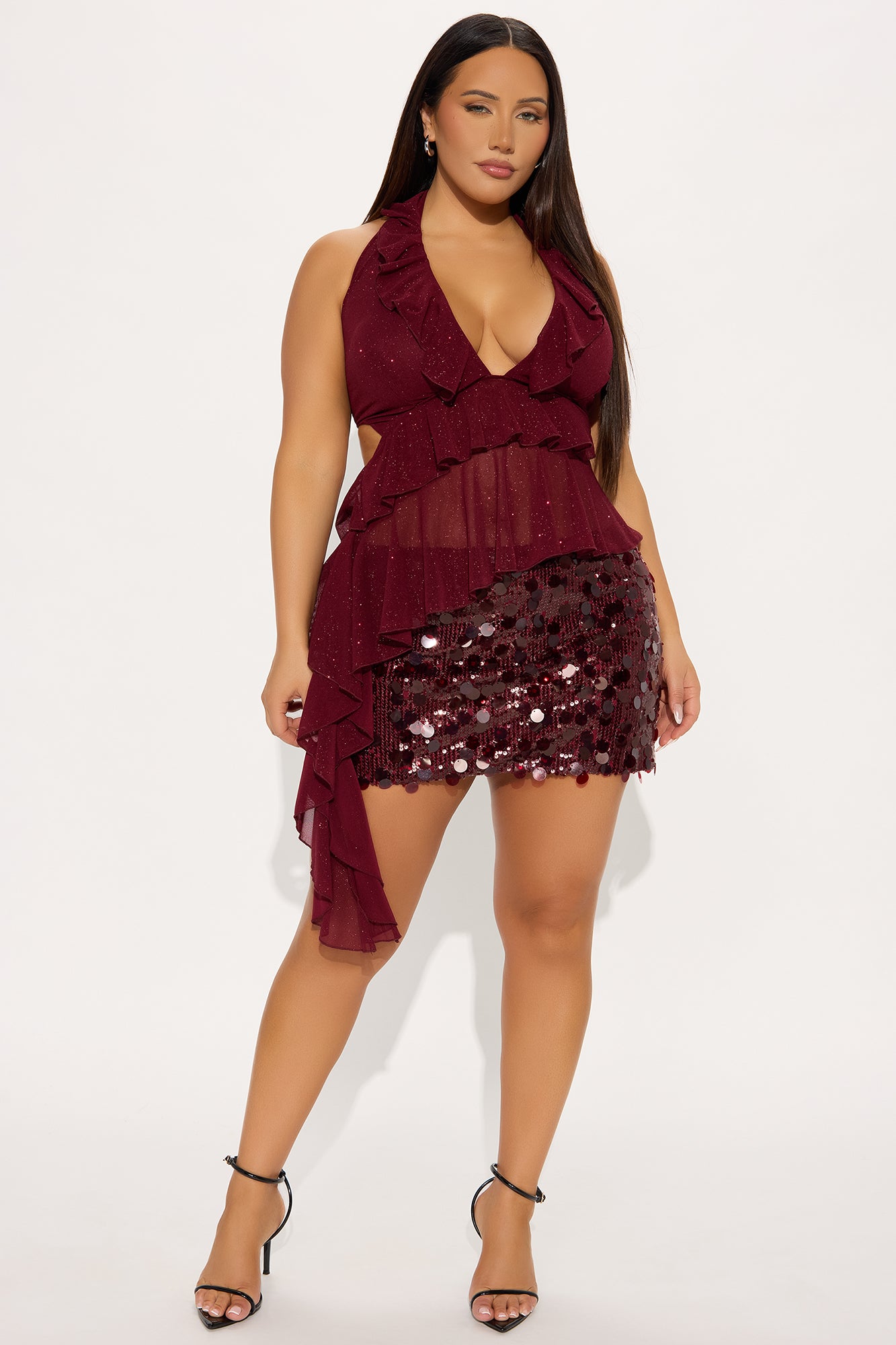 Carlita Glitter Mesh Halter Top - Burgundy - Image 5