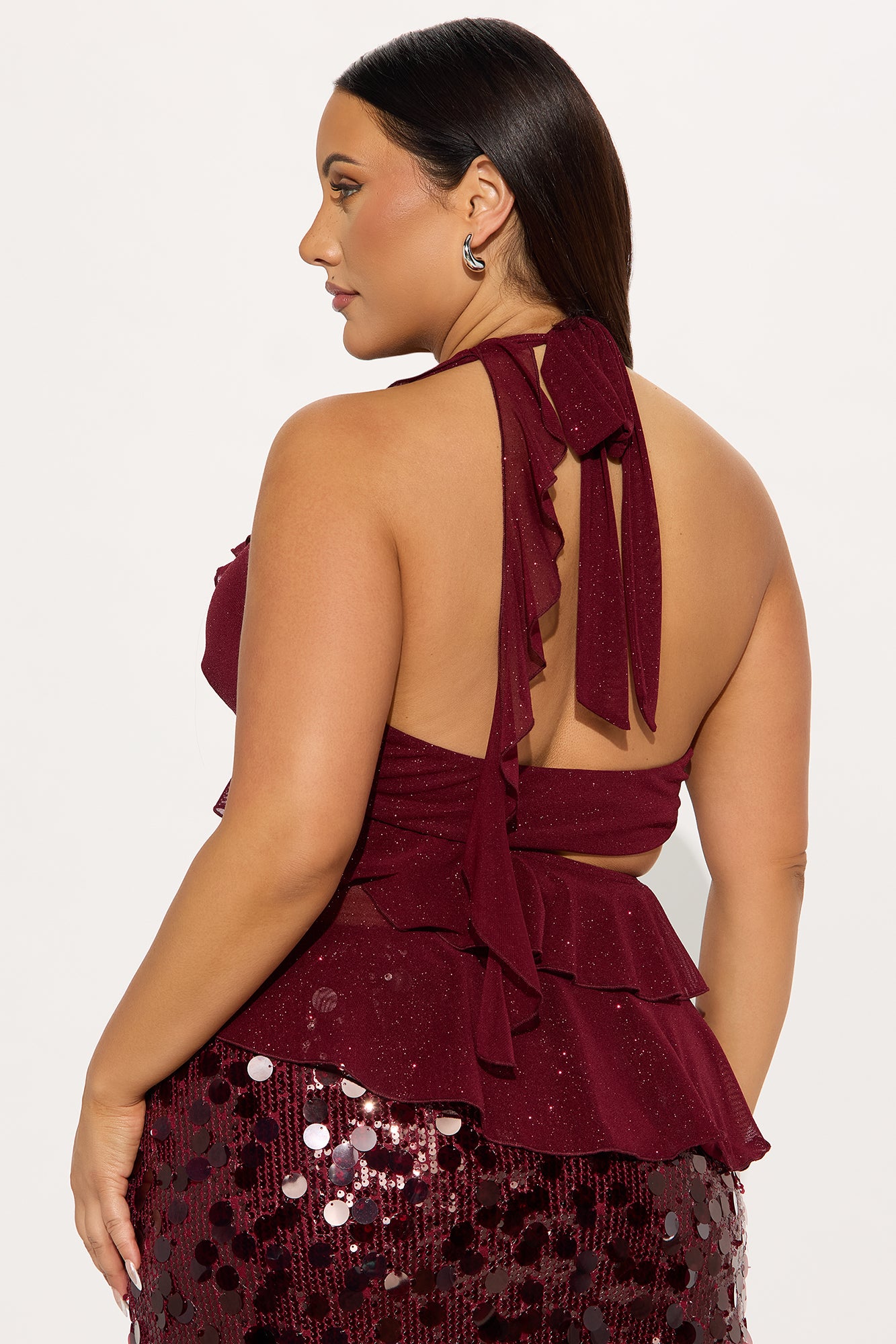 Carlita Glitter Mesh Halter Top - Burgundy - Image 6