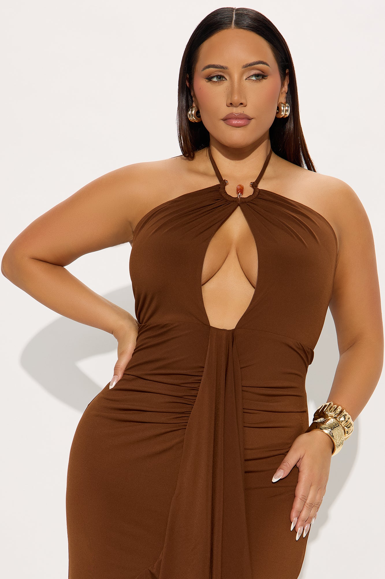 Elsa Halter Ruched Maxi Dress - Brown - Image 5