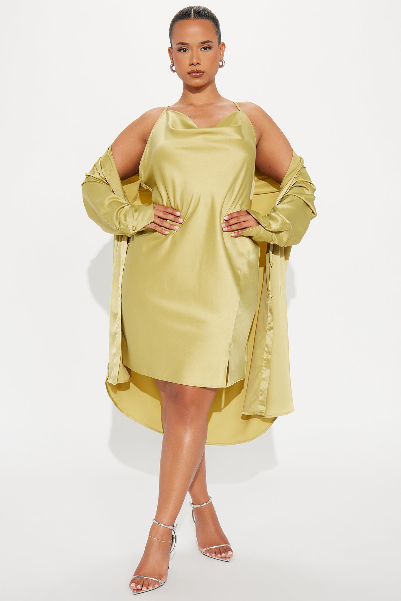 Adria Satin Mini Dress Set - Chartreuse - Image 4