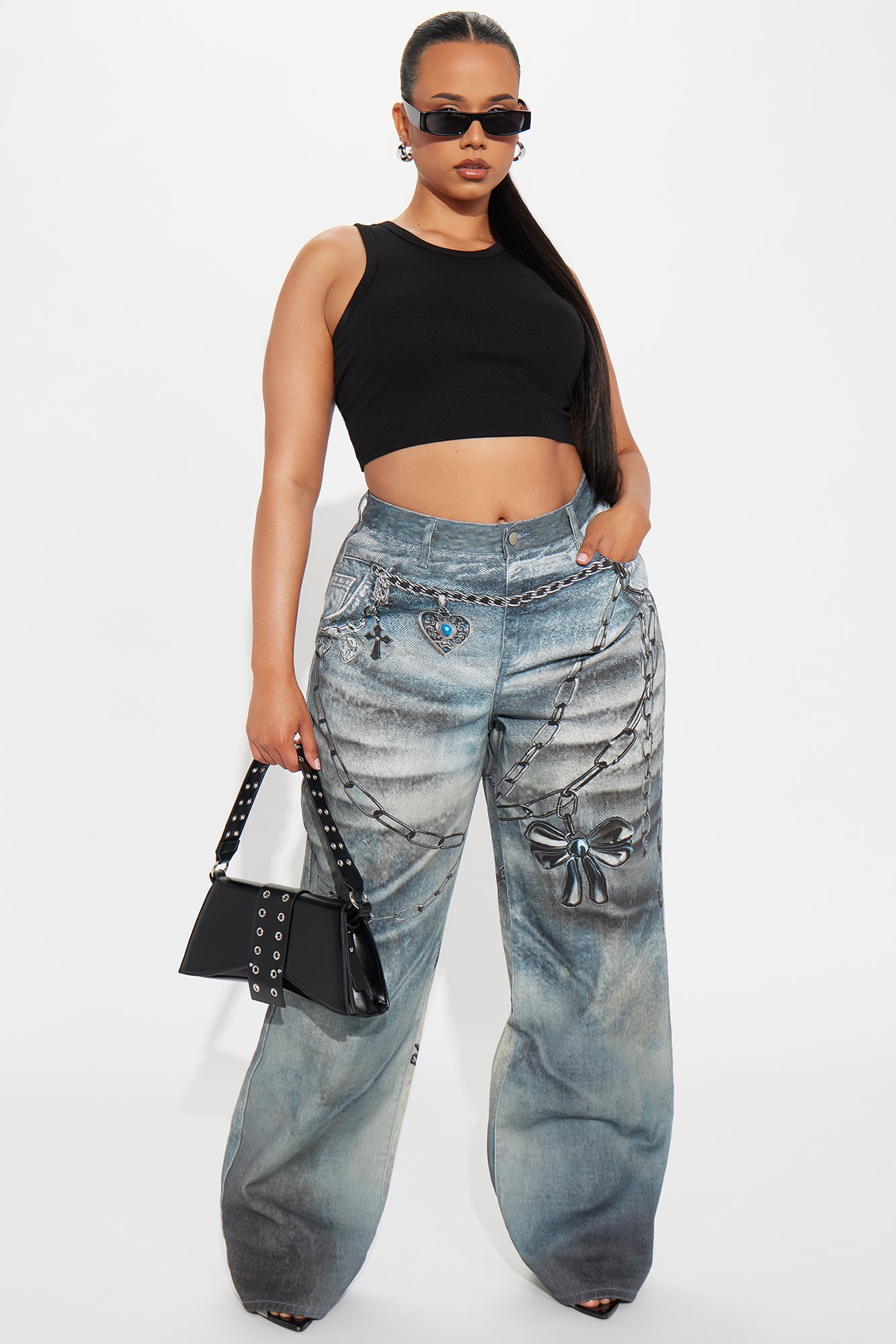 Charmed I'm Sure Printed Wide Leg Jeans - Medium Wash - Image 4