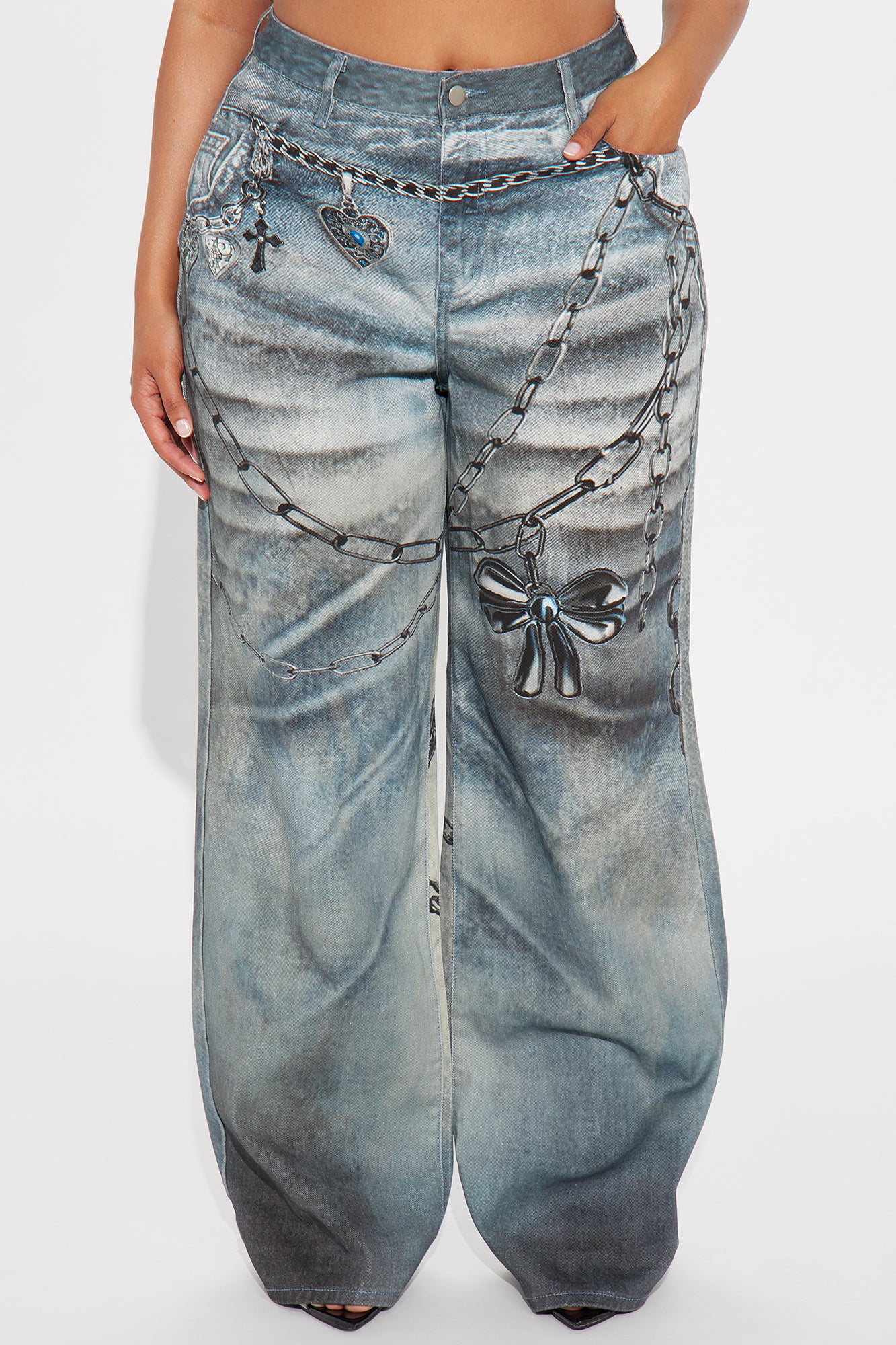 Charmed I'm Sure Printed Wide Leg Jeans - Medium Wash - Image 5