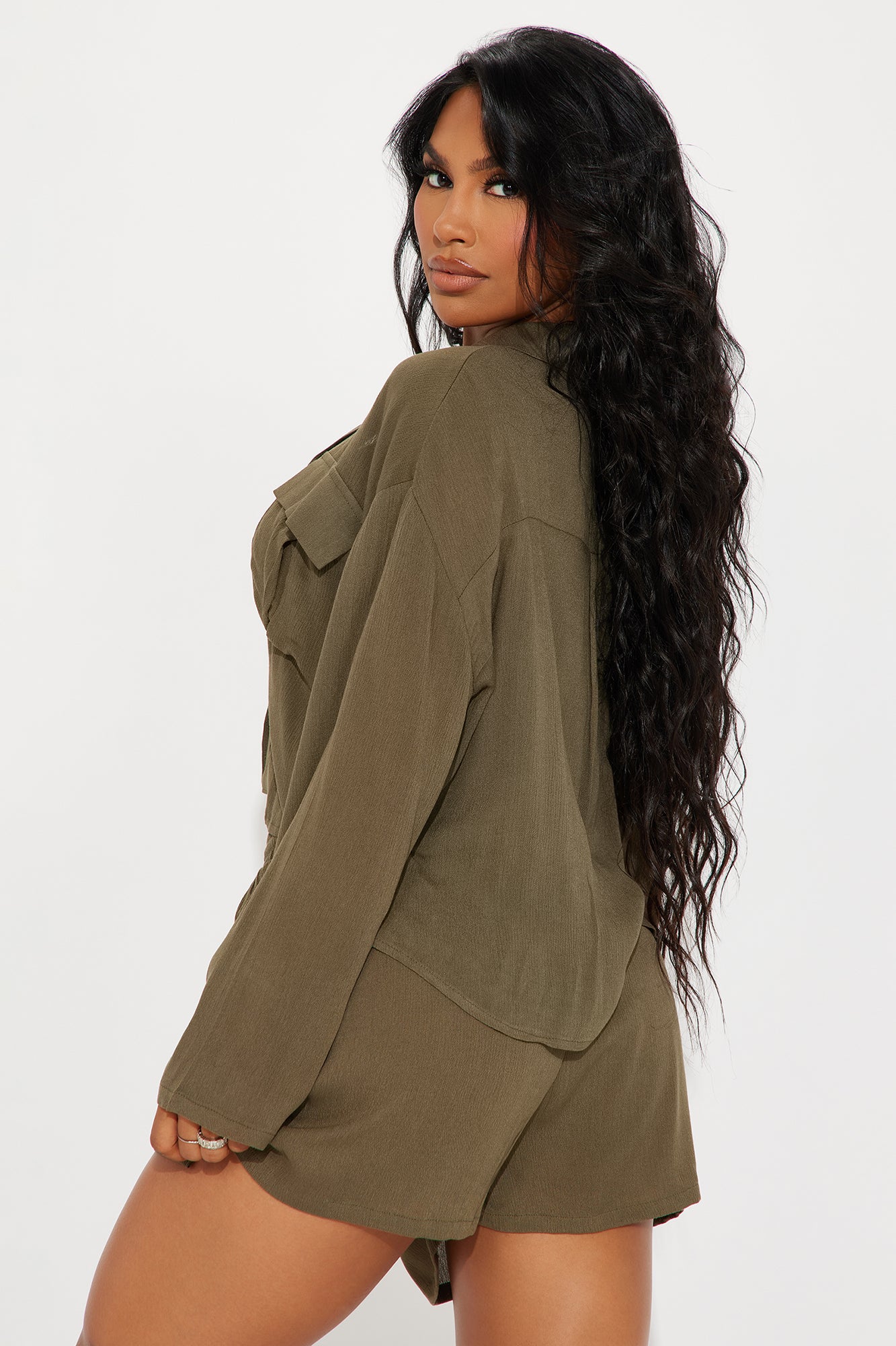 Breezy Paradise Linen Pocket Cover Up Shorts Set - Olive - Image 3