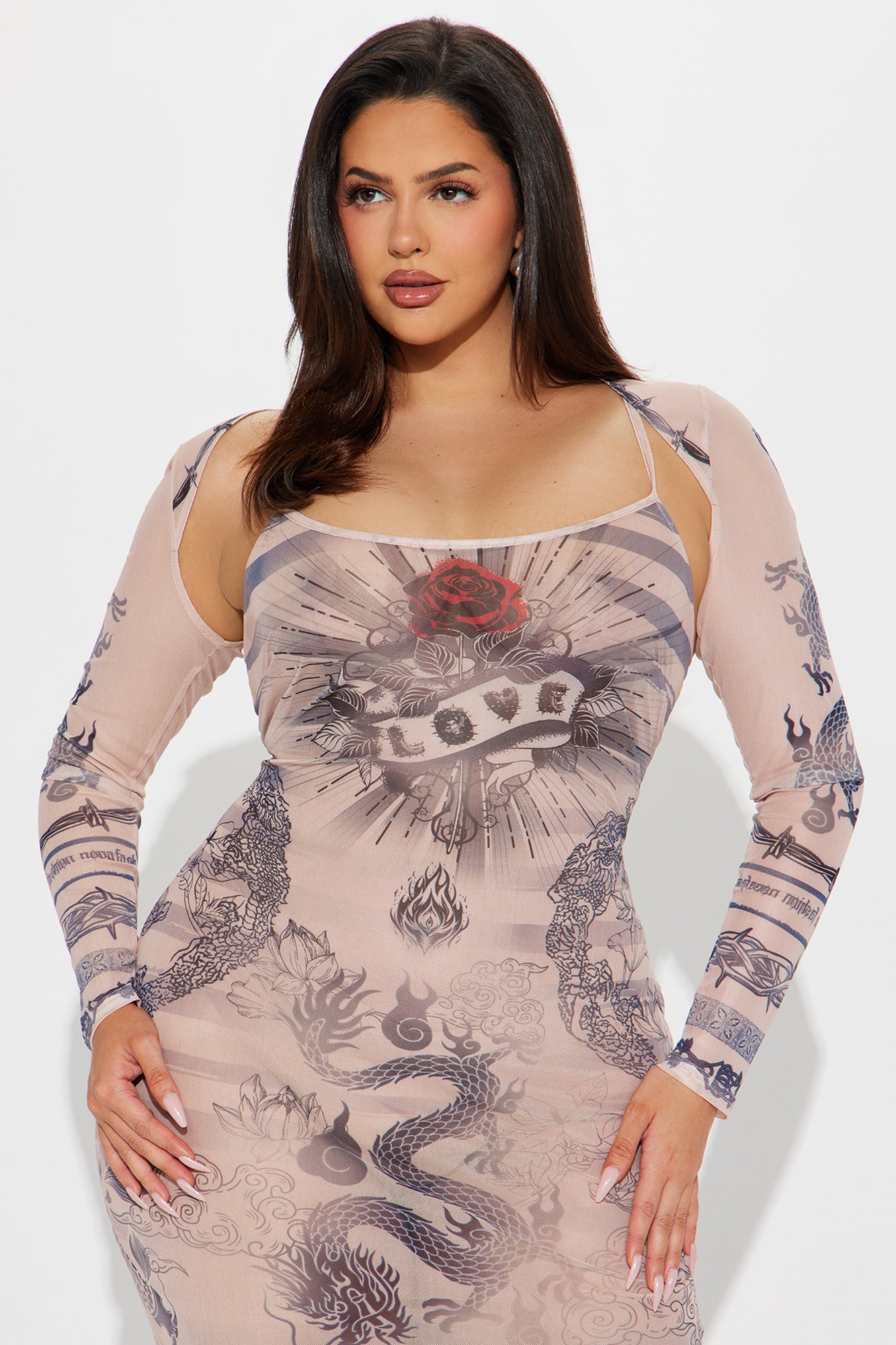Temporary Tattoo Mesh Maxi Dress - Nude/combo - Image 6