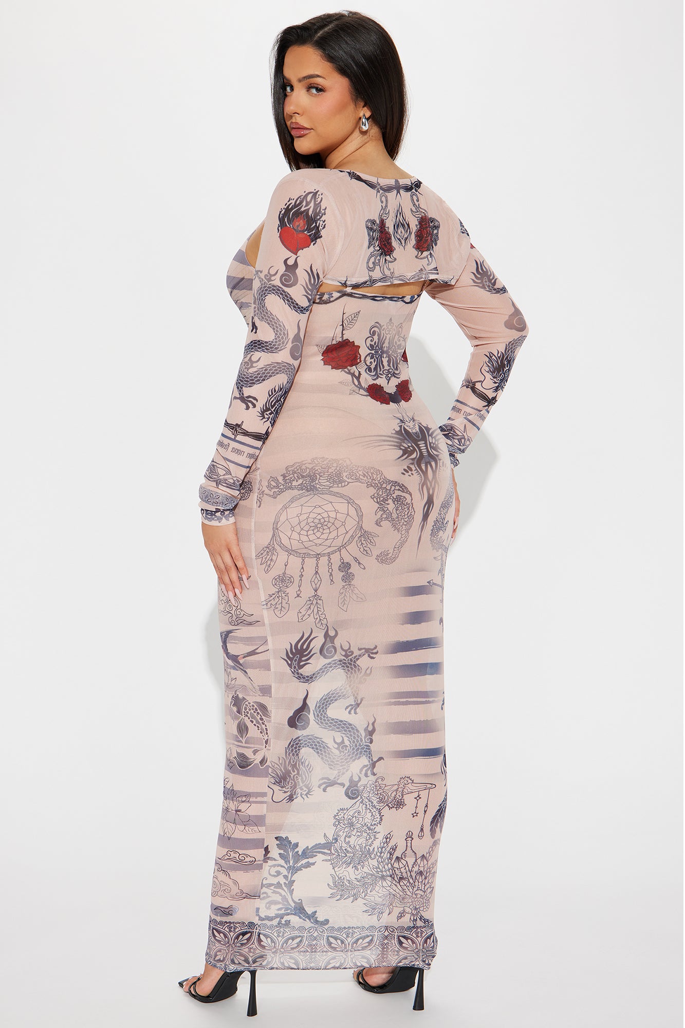 Temporary Tattoo Mesh Maxi Dress - Nude/combo - Image 7