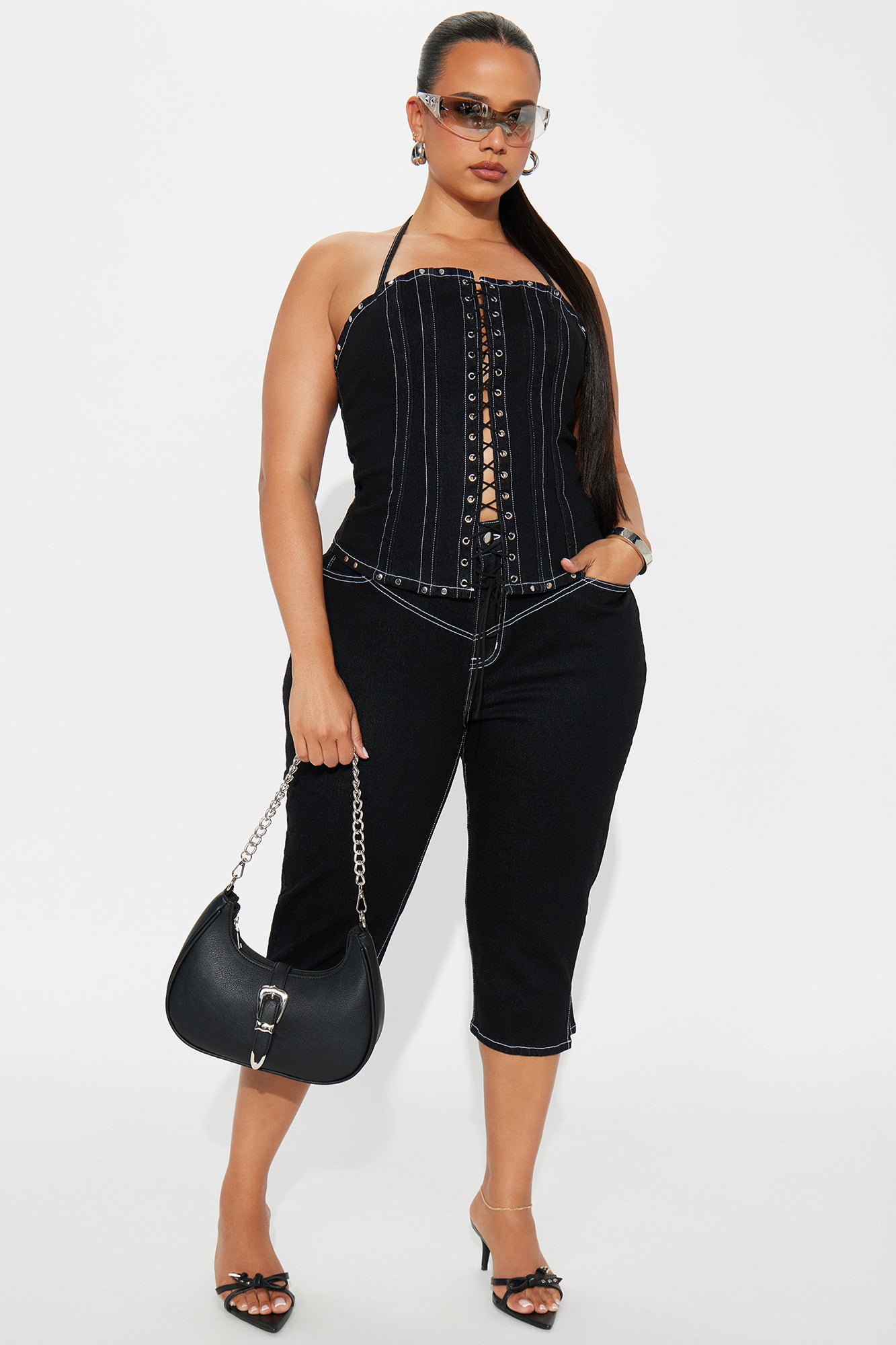 After Dark Lace Up Corset Capri Pant Set  - Black - Image 4