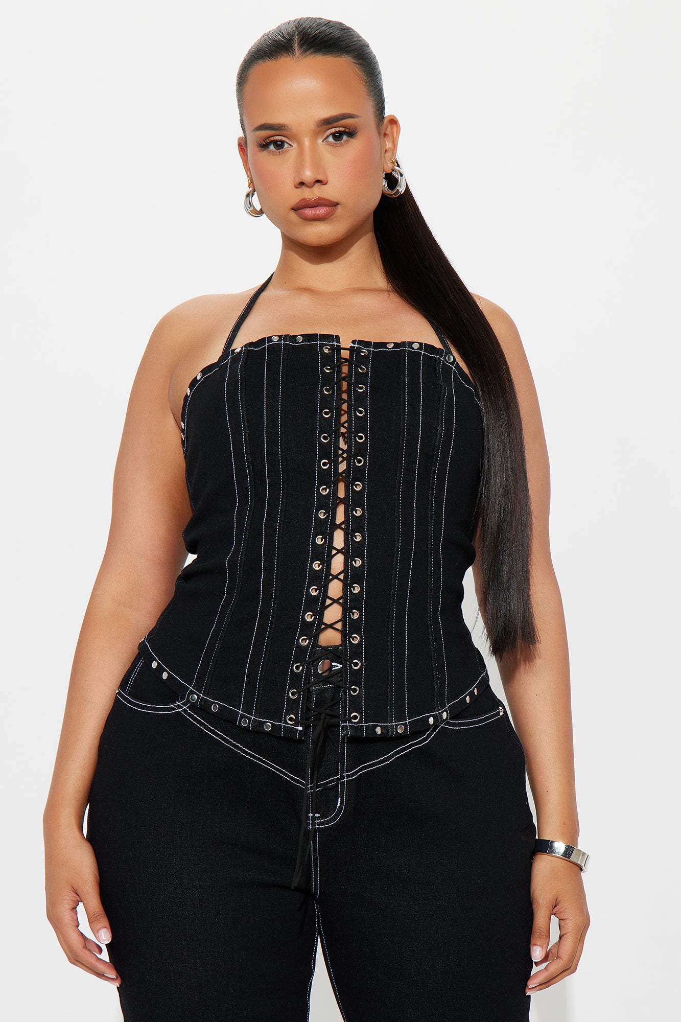 After Dark Lace Up Corset Capri Pant Set  - Black - Image 5