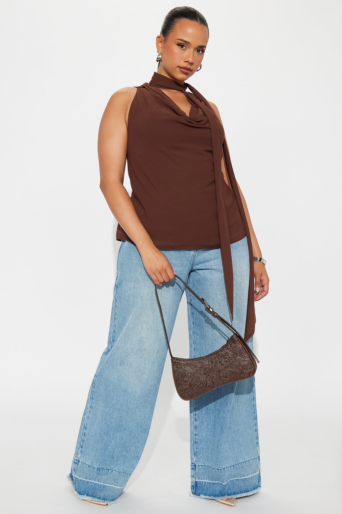 Walked Right Past You Chiffon Neck Tie Top - Chocolate - Image 5