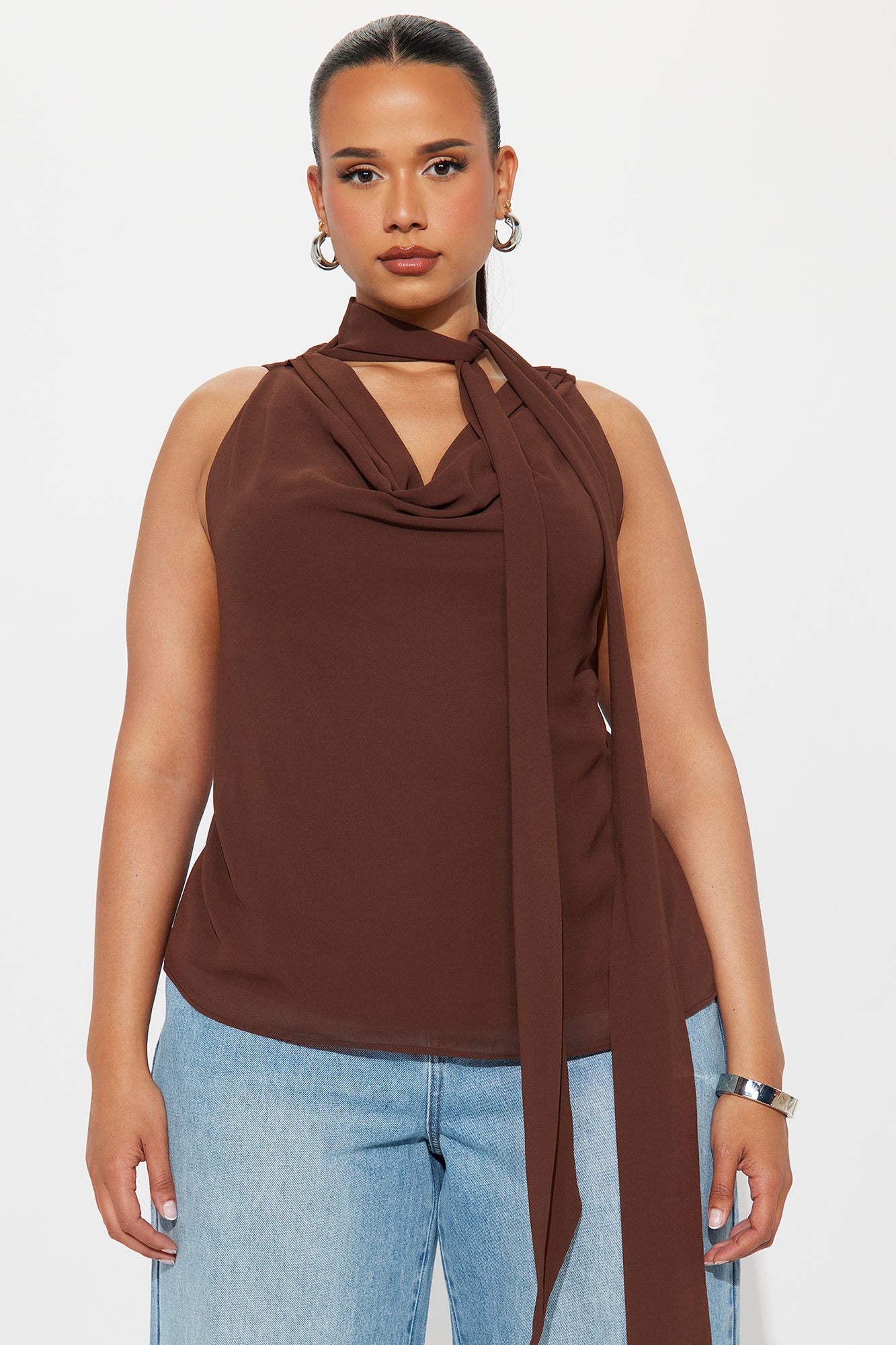 Walked Right Past You Chiffon Neck Tie Top - Chocolate - Image 4
