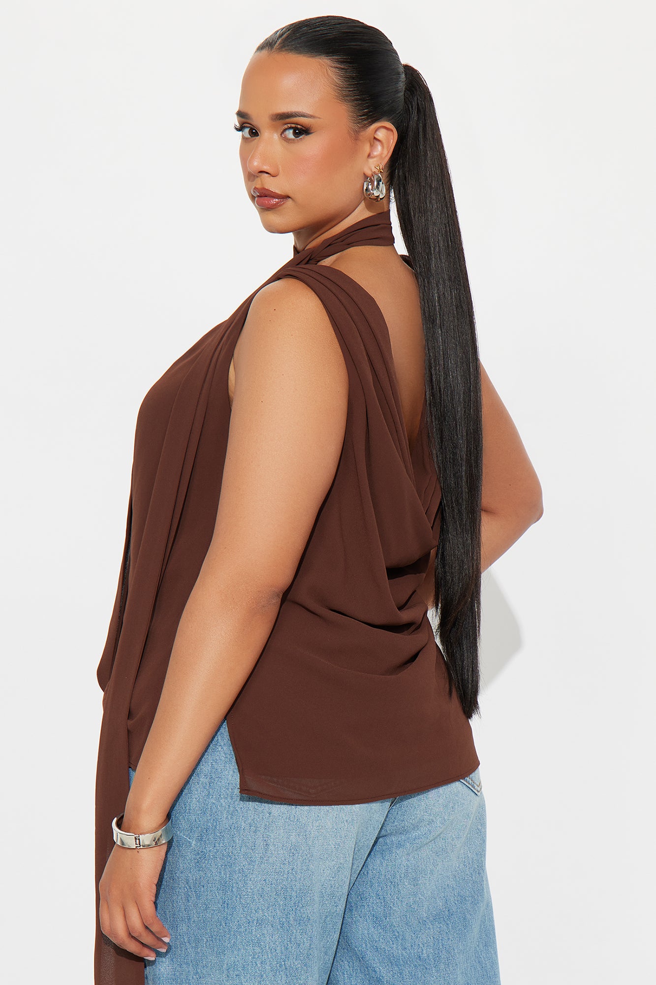 Walked Right Past You Chiffon Neck Tie Top - Chocolate - Image 6