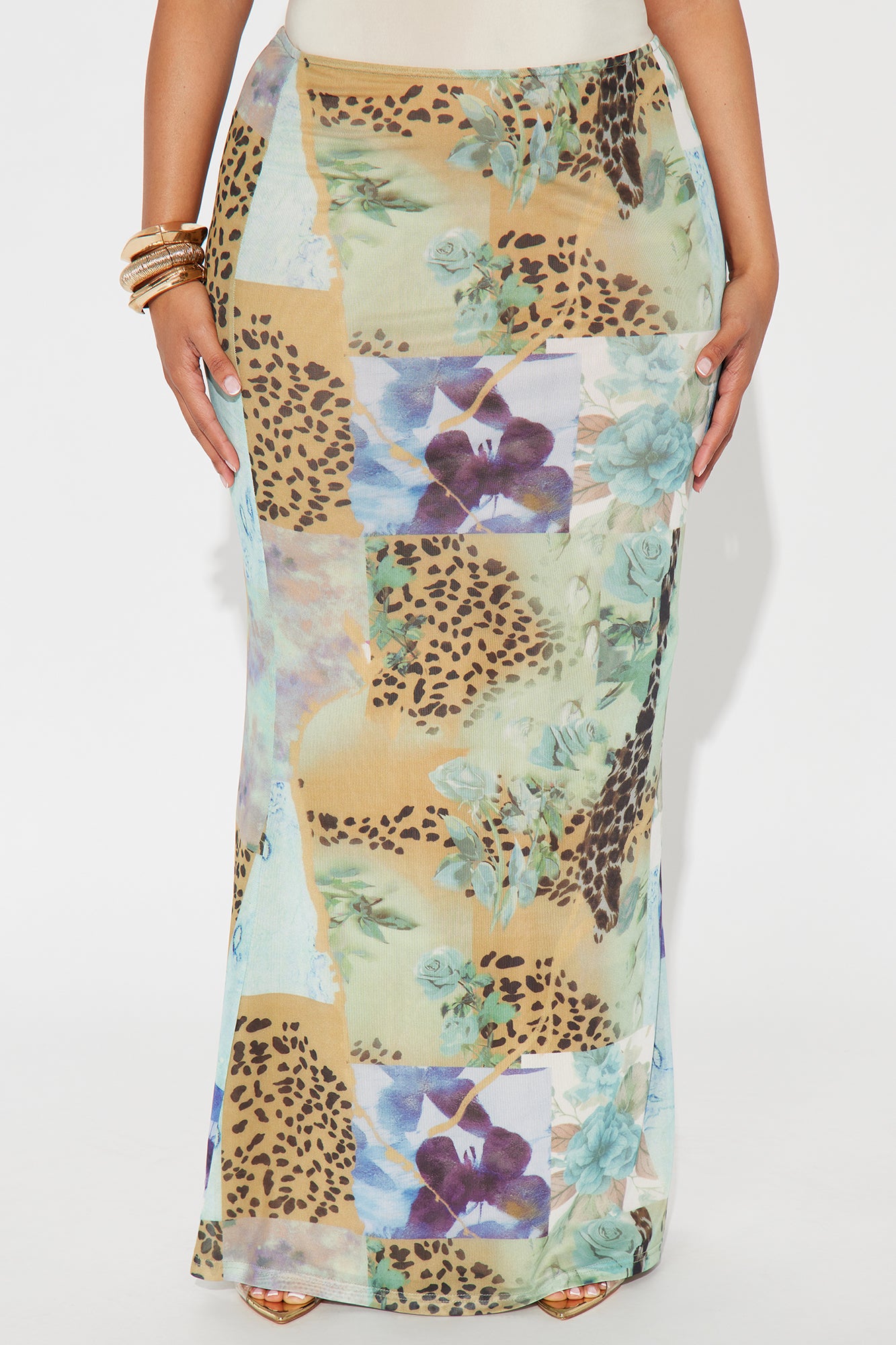Laila Floral Leopard Print Mesh Maxi Skirt - Green/combo - Image 5