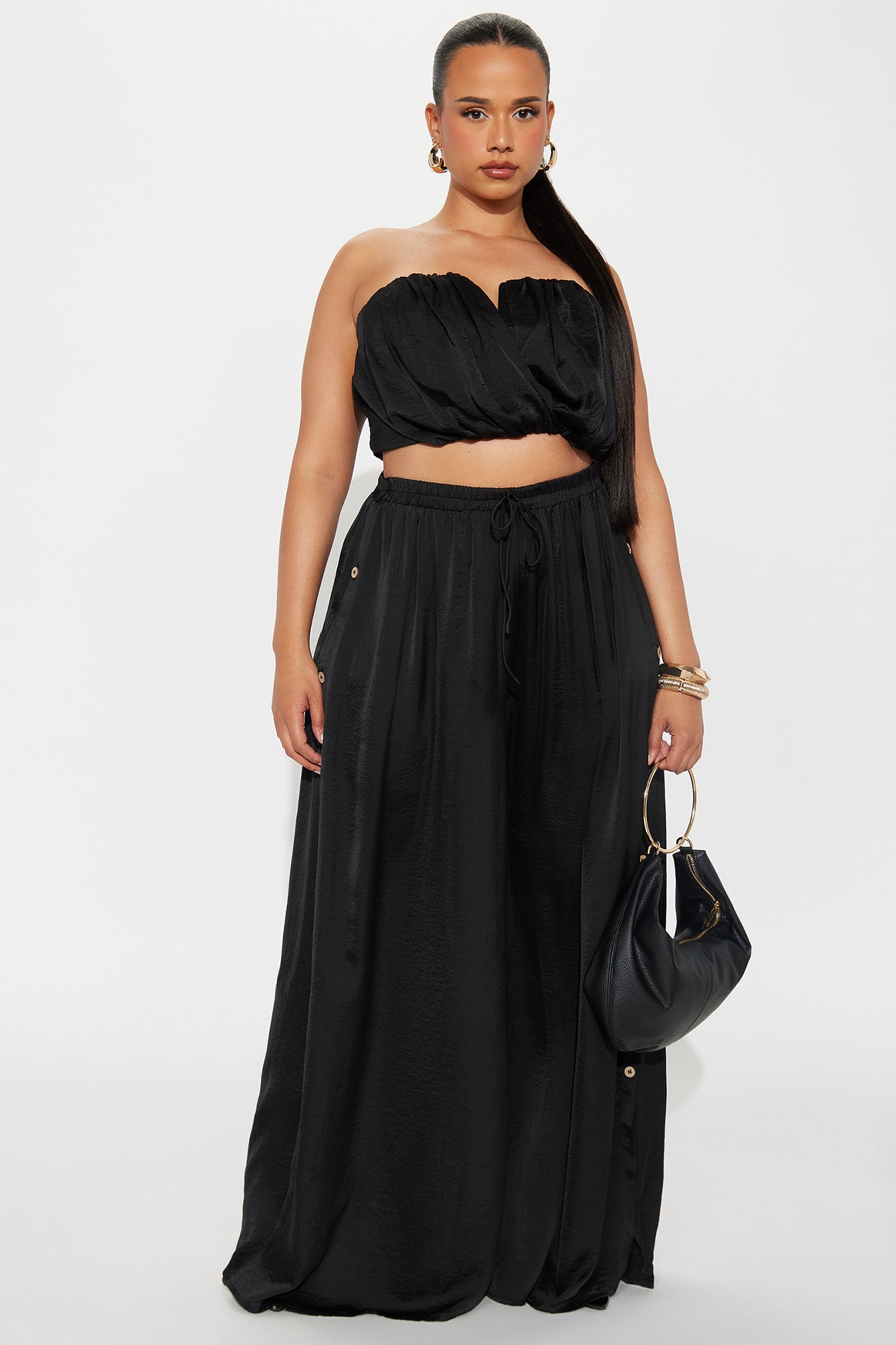 Eloise Satin Tube Top And Wide Leg Pant Set - Black - Image 4