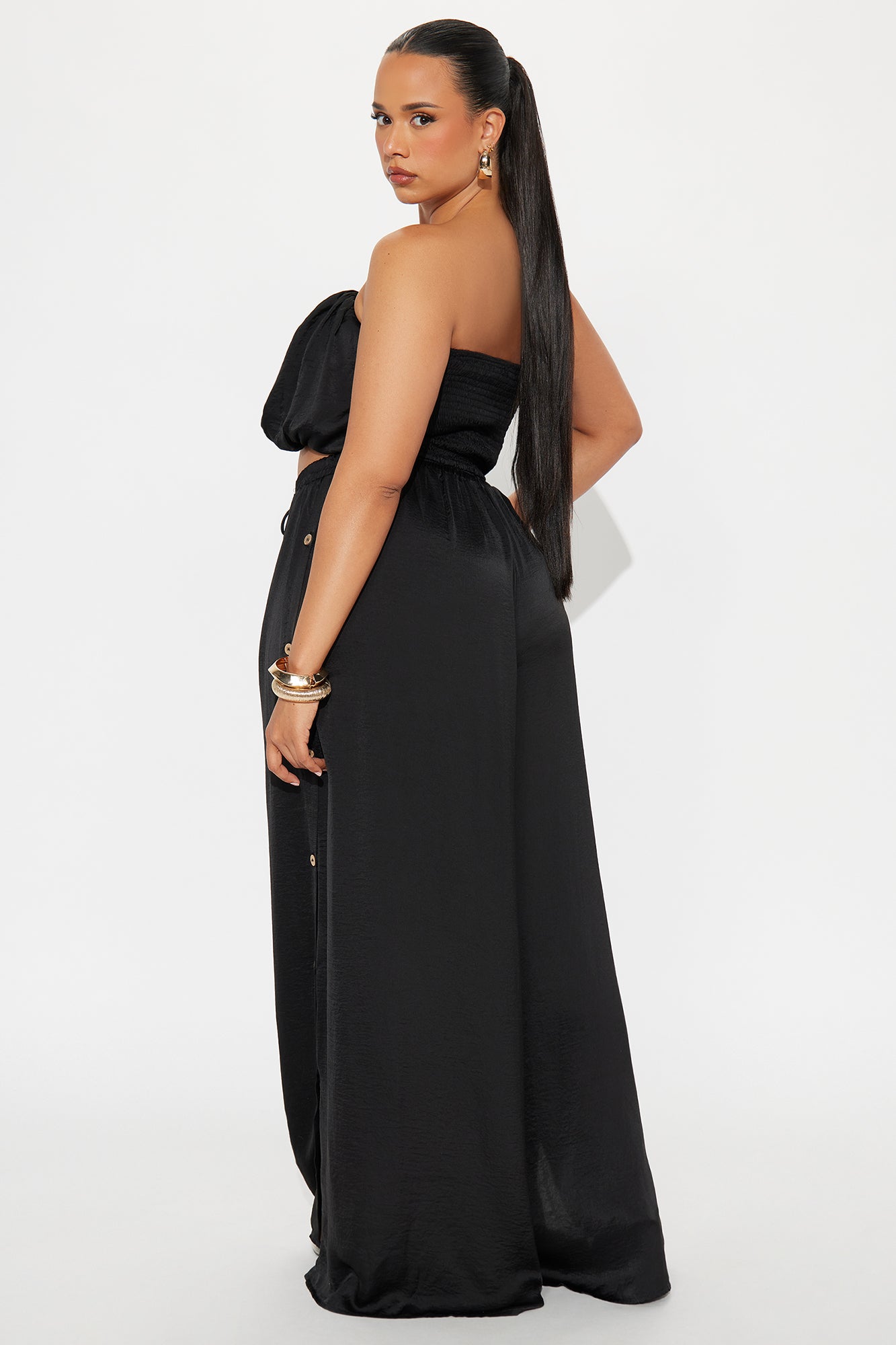 Eloise Satin Tube Top And Wide Leg Pant Set - Black - Image 6