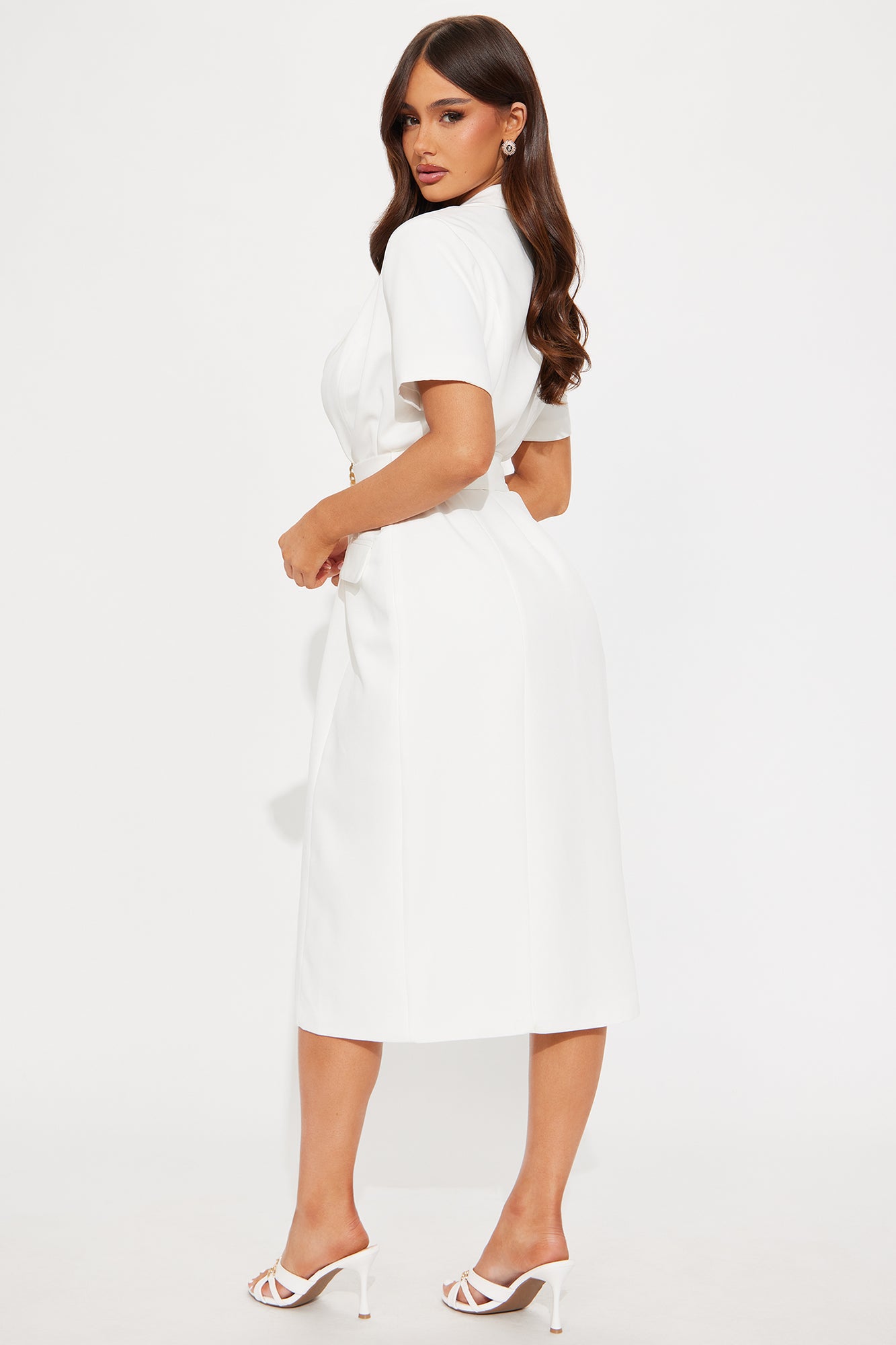 Ethel Belted Shirt Midi Dress - White - Image 3