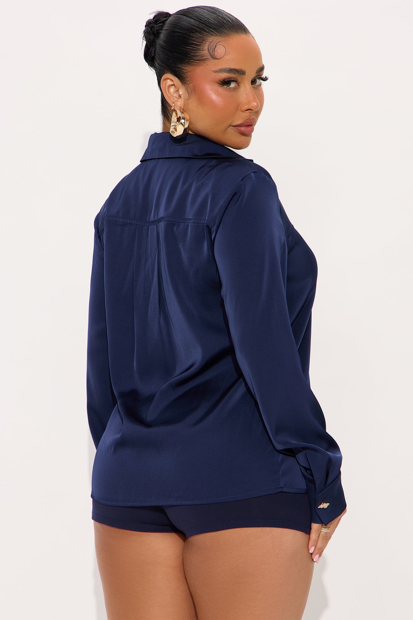 Glowing In Satin Blouse - Navy - Image 3