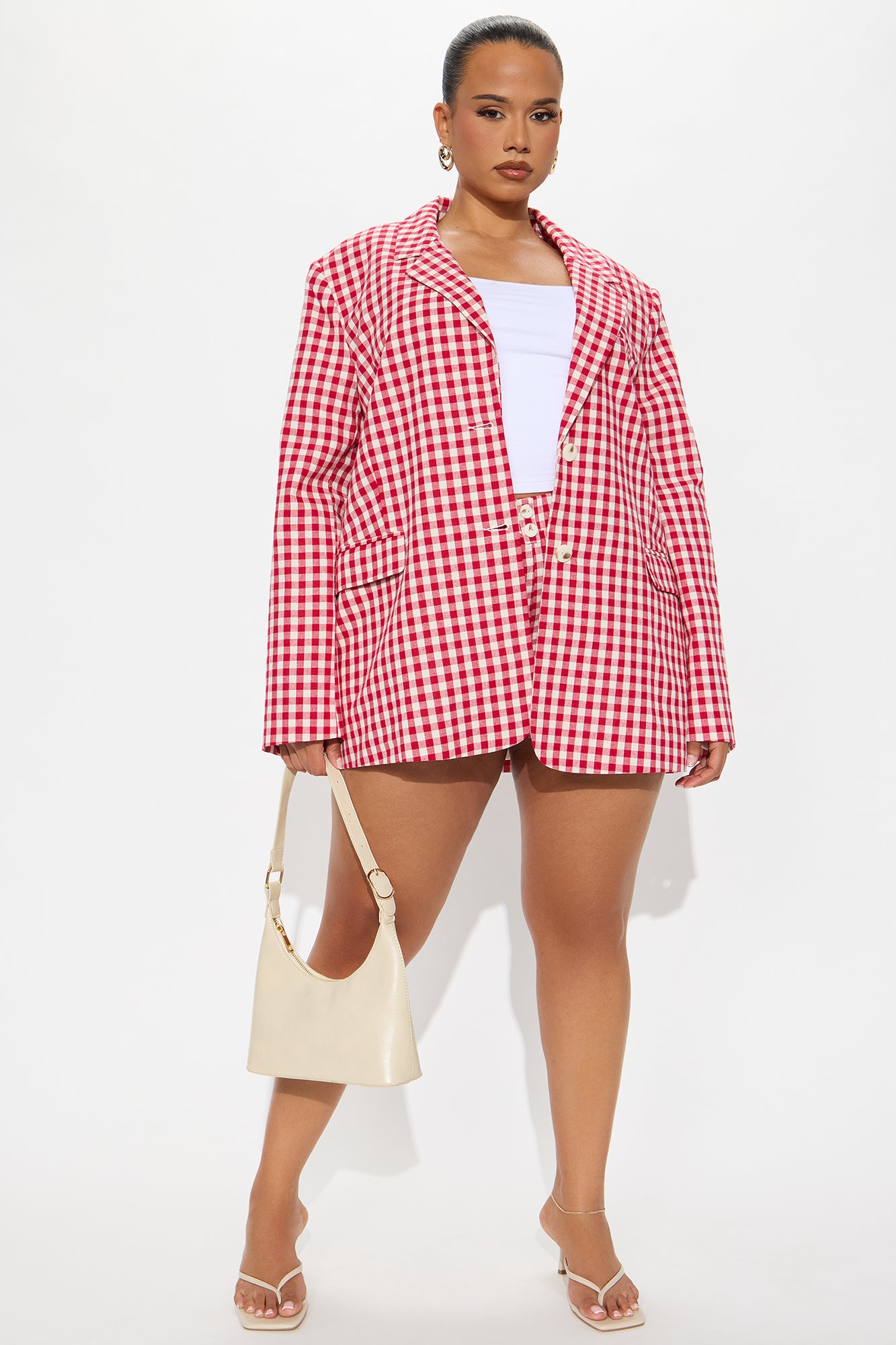 Gina Gingham Linen Oversized Blazer - Red - Image 5