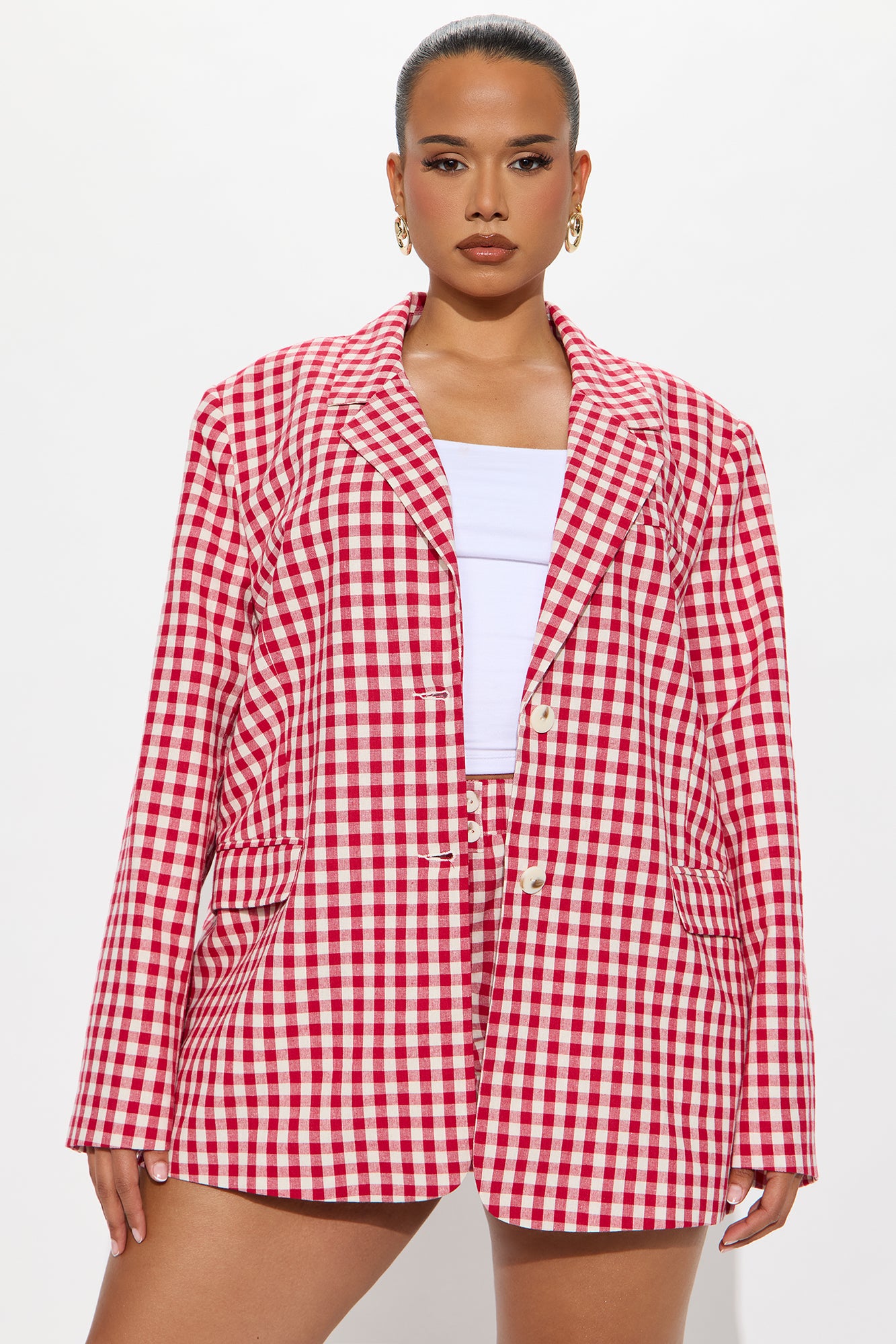 Gina Gingham Linen Oversized Blazer - Red - Image 4