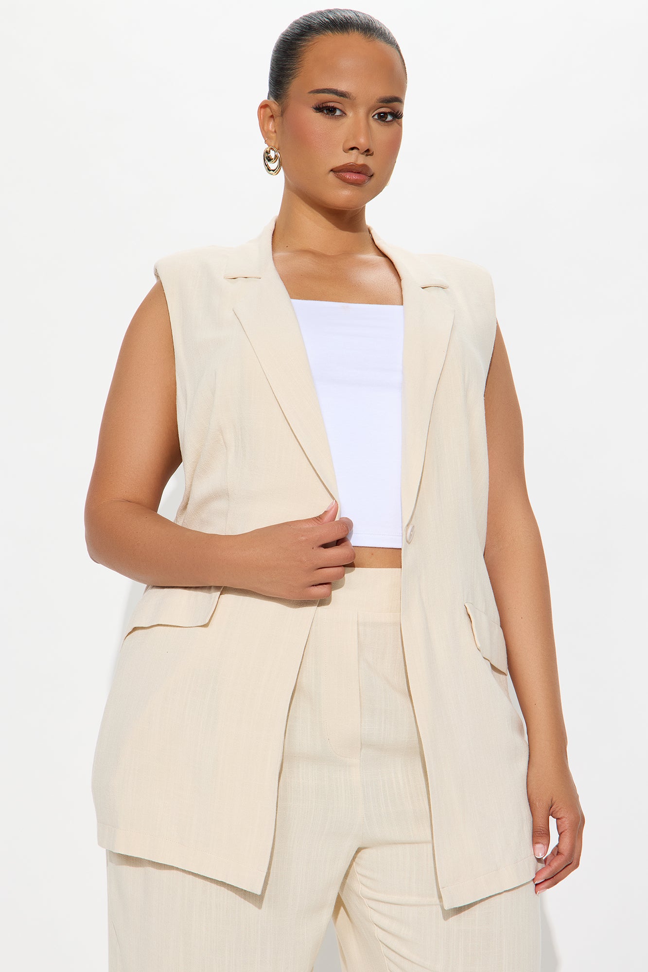 Essential Linen Vest Pant Set - Beige - Image 5
