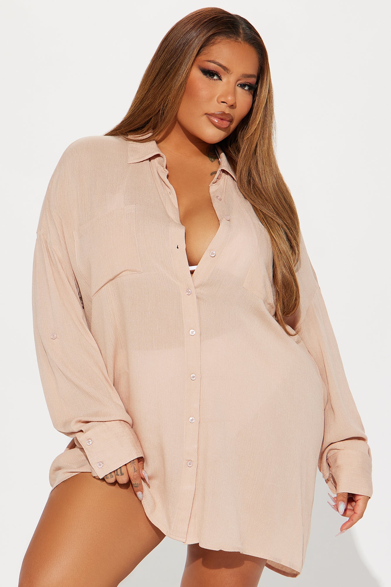 Breezy Nights Linen Pocket Cover Up Shirt - Tan - Image 3